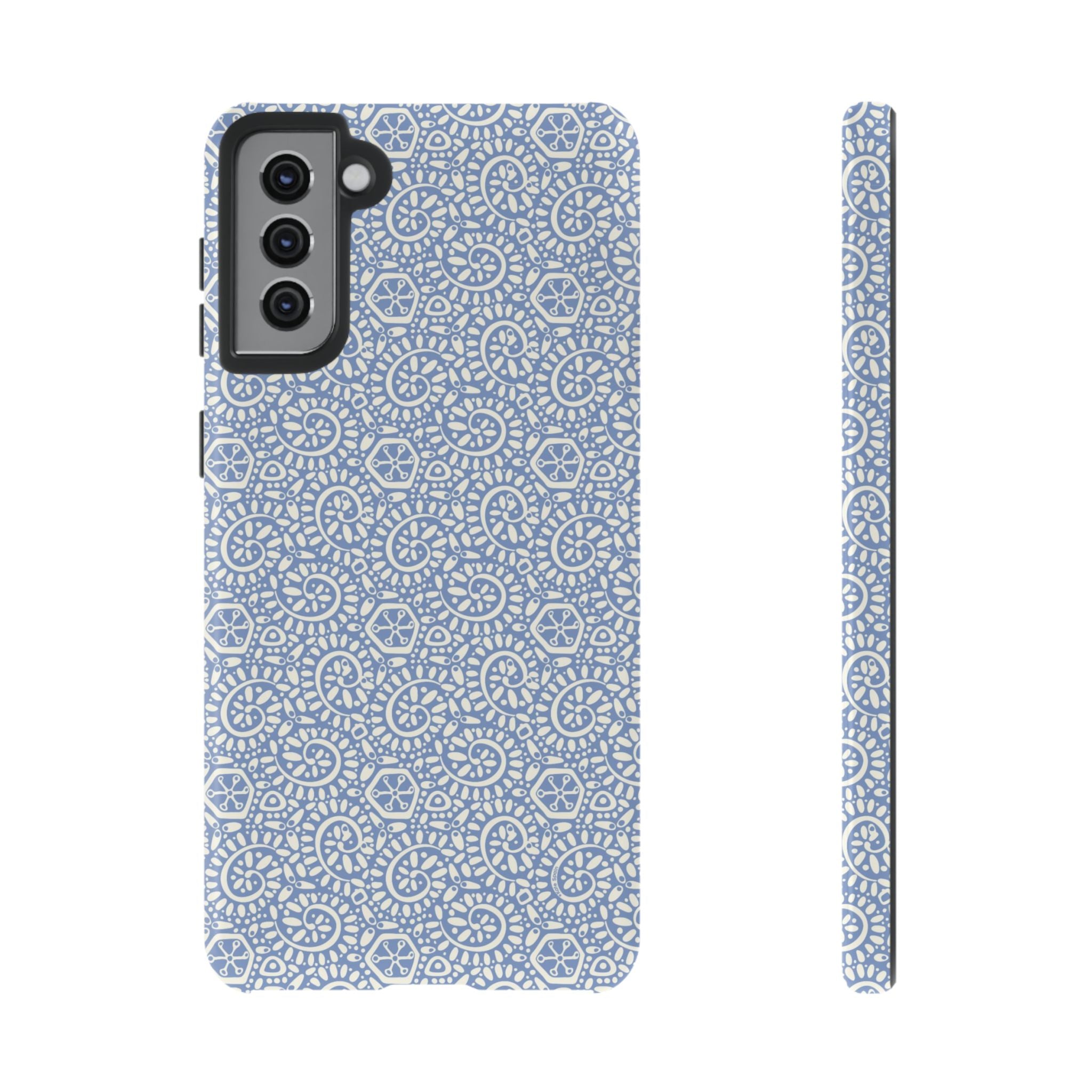 Canto Swirls Mist Samsung Galaxy S21 Plus Glossy Case — periwinkle blue hard case covered in an intricate folk-art medallion pattern of radiating white circular motifs, dot clusters, and geometric centers