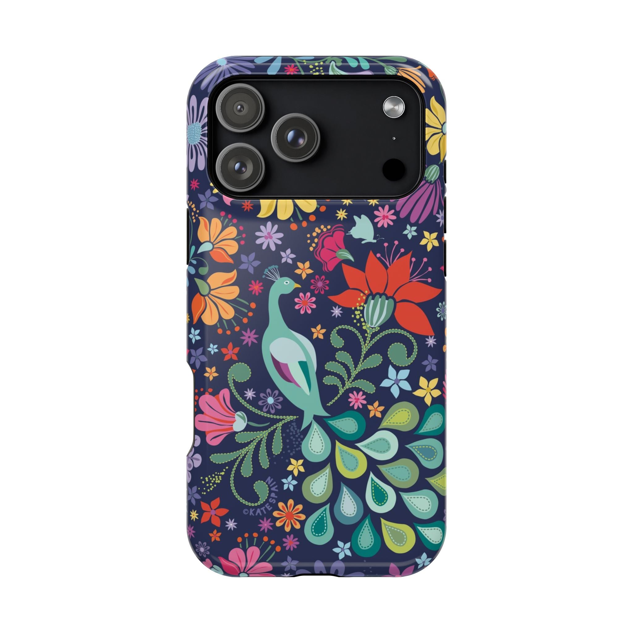 Peacock Sanctuary MagSafe iPhone 17 Pro Max Case – Glossy | navy, teal, ivory peacock botanical print MagSafe compatible, dual-layer protection
