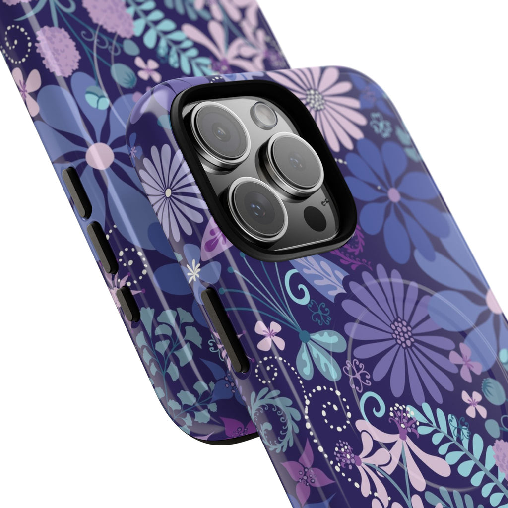 Terrain Night MagSafe iPhone 16 Pro Max Case – Glossy | navy, purple, aqua botanical woodland floral print | angled view closeup of camera cutout and buttons