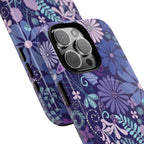 Terrain Night MagSafe iPhone 16 Pro Max Case – Glossy | navy, purple, aqua botanical woodland floral print | angled view closeup of camera cutout and buttons