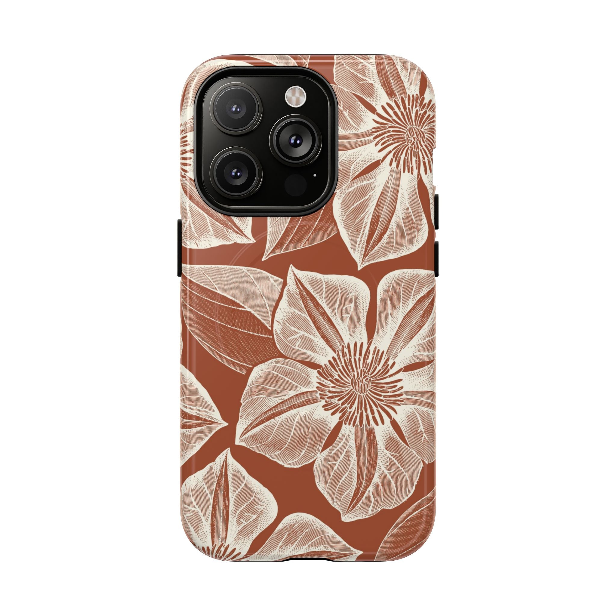 Vintage Bloom Sienna MagSafe iPhone 14 Pro – Glossy | sienna ground, large-scale cream clematis print, engraved petal detail, dual-layer protection