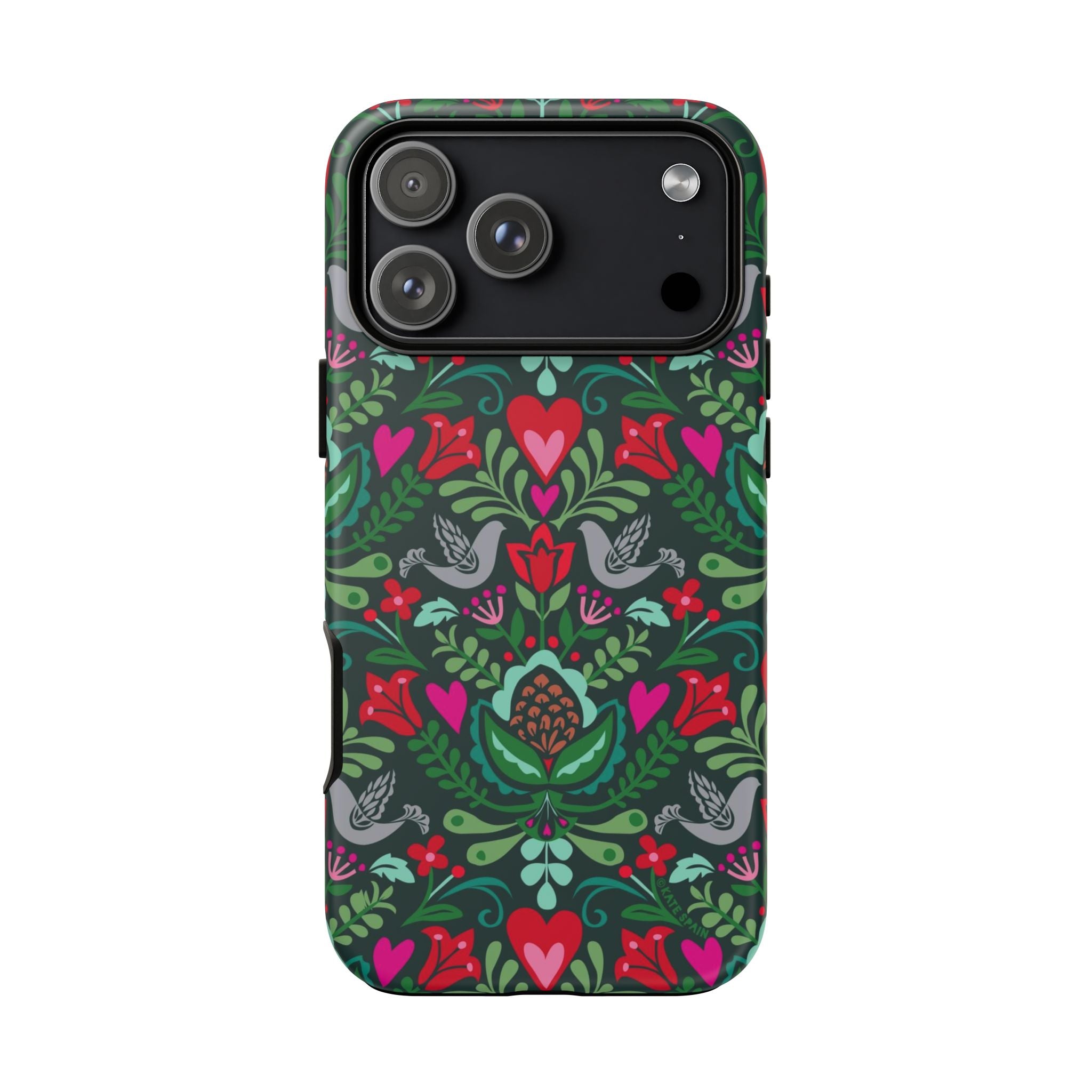 Rosemaling Tough iPhone 17 Pro Max Case – Matte | dark green, red, pink, gray folk art floral bird print