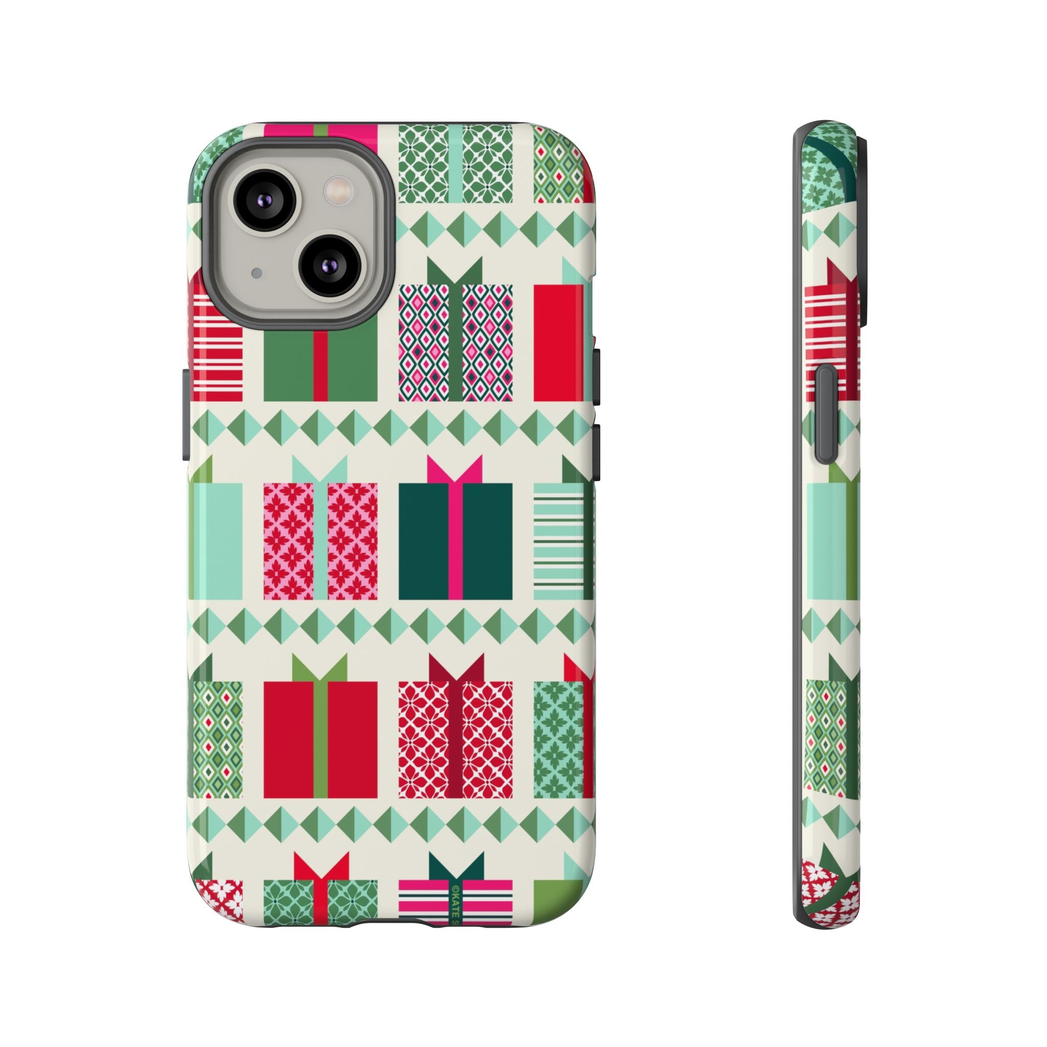 All Wrapped Up Tough iPhone 14 Case – Glossy | cream, red, pink, green, mint geometric gift wrap holiday print