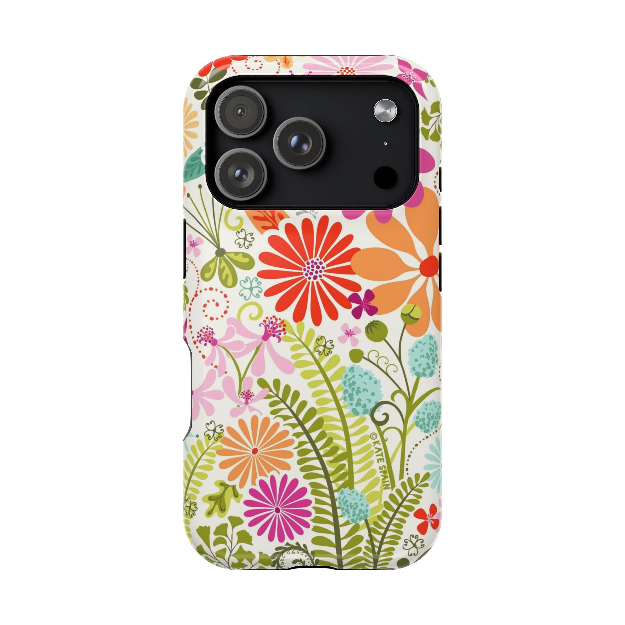 Luxury Terrain MagSafe iPhone 17 Pro Case – Glossy | white, magenta, coral botanical woodland floral print
