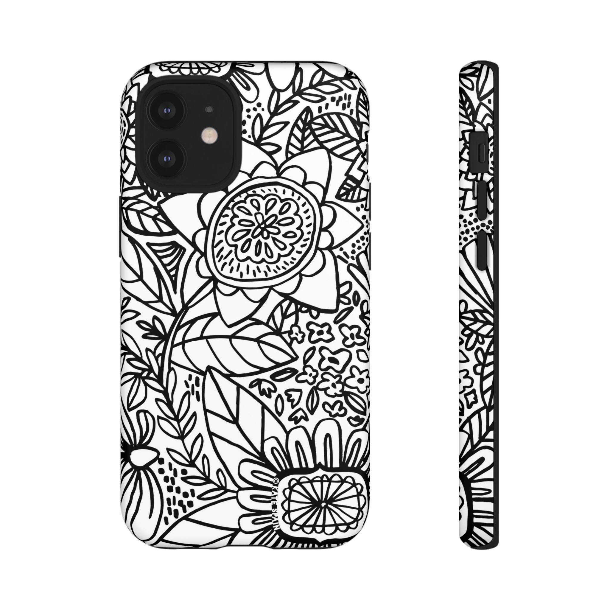 Esprit Tough iPhone 12 Mini Case – Matte | white, black botanical line art floral print