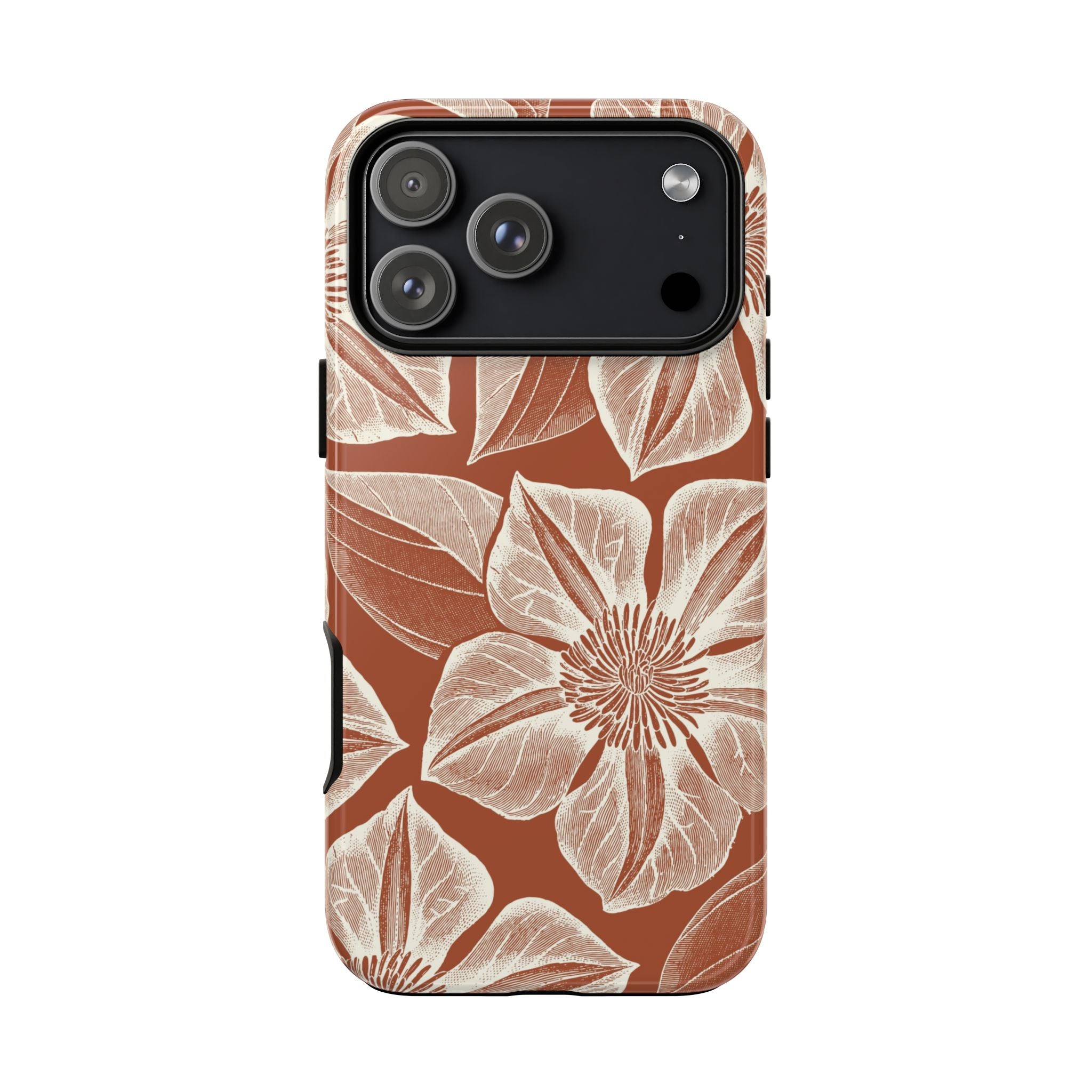 Vintage Bloom Sienna iPhone 17 Pro Max case – Glossy | sienna ground, large-scale cream clematis print, engraved petal detail, dual-layer protection