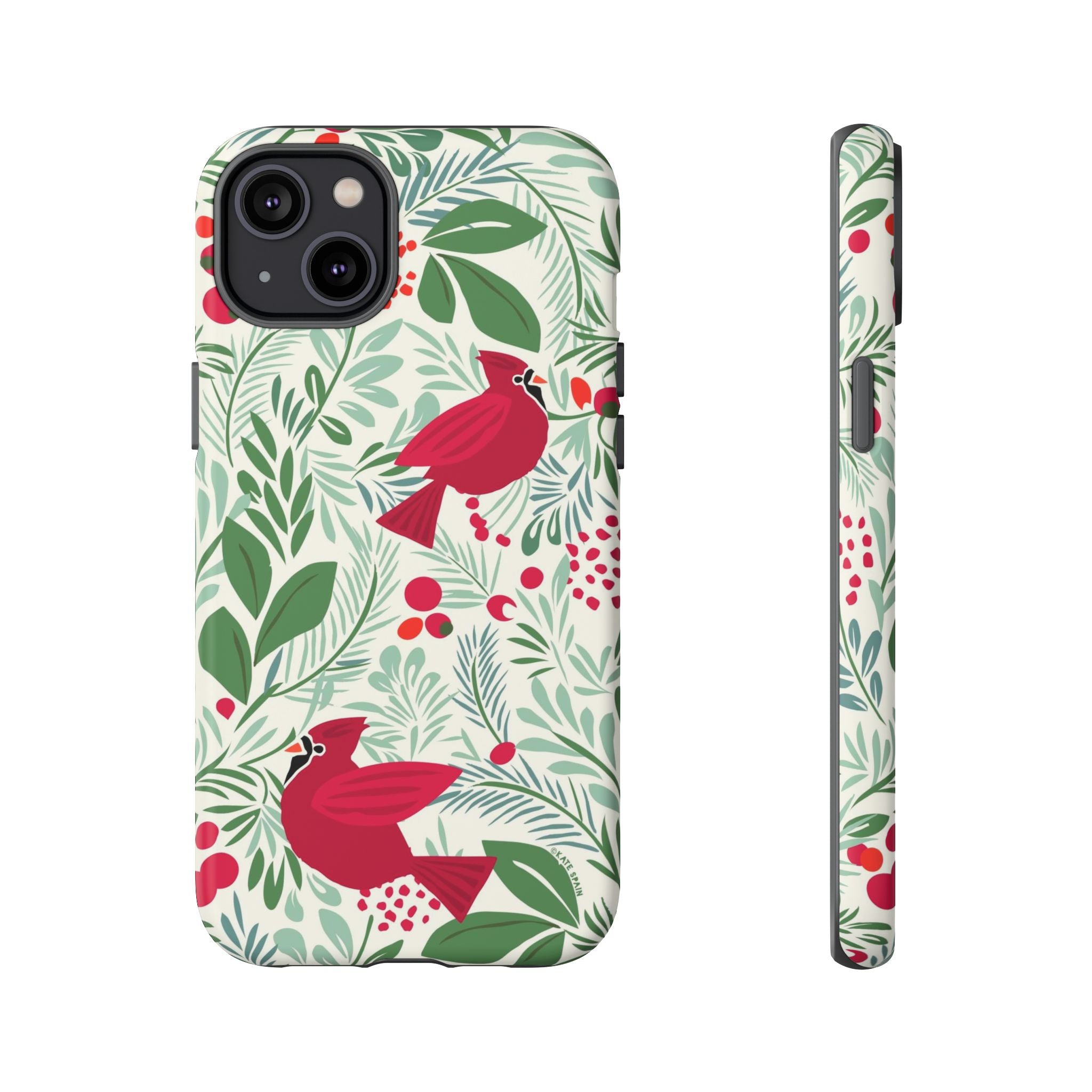 Birds and Berries Tough iPhone 14 Plus Case – Matte | cream, red, green botanical cardinal berry print