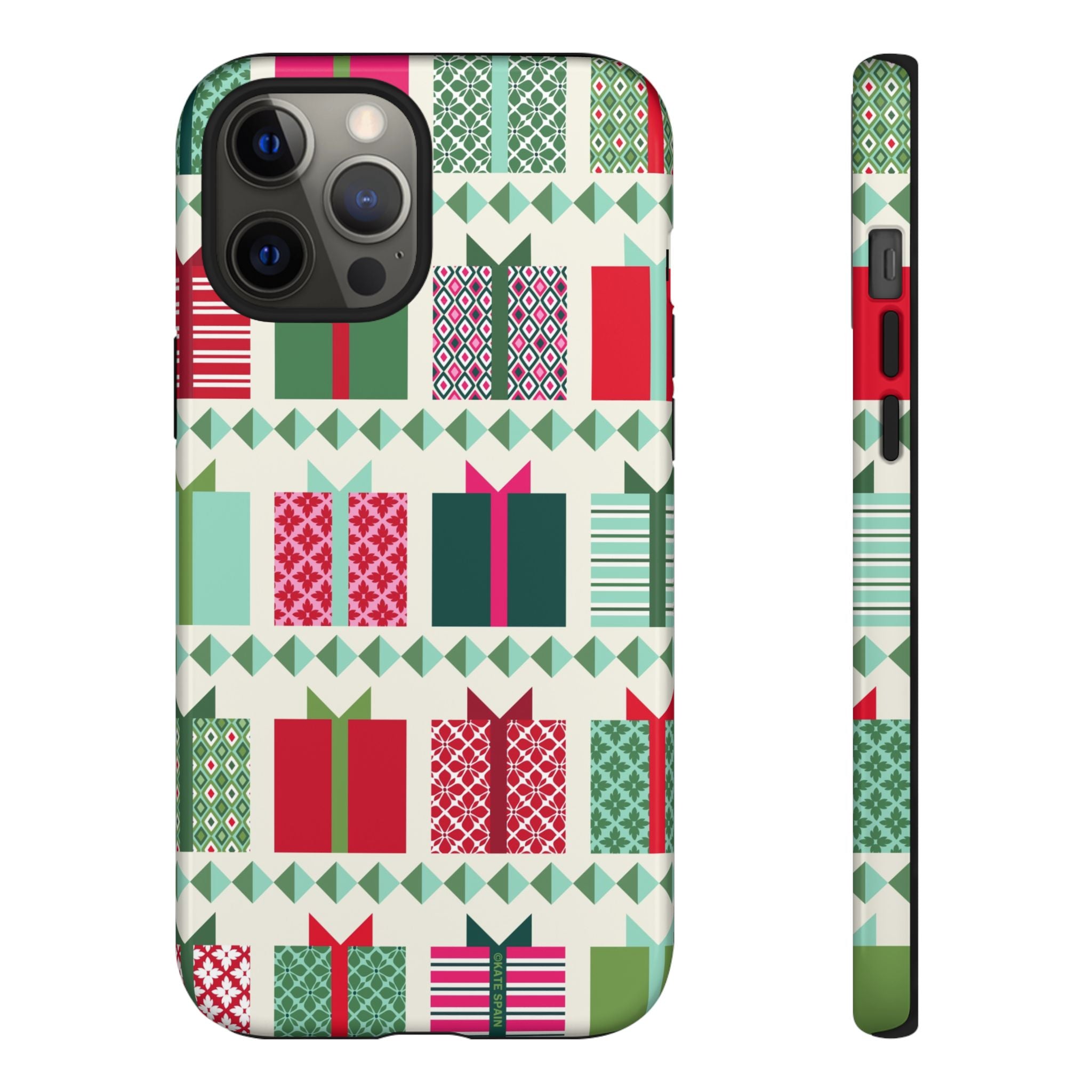 All Wrapped Up Tough iPhone 12 Pro Max Case – Glossy | cream, red, pink, green, mint geometric gift wrap holiday print