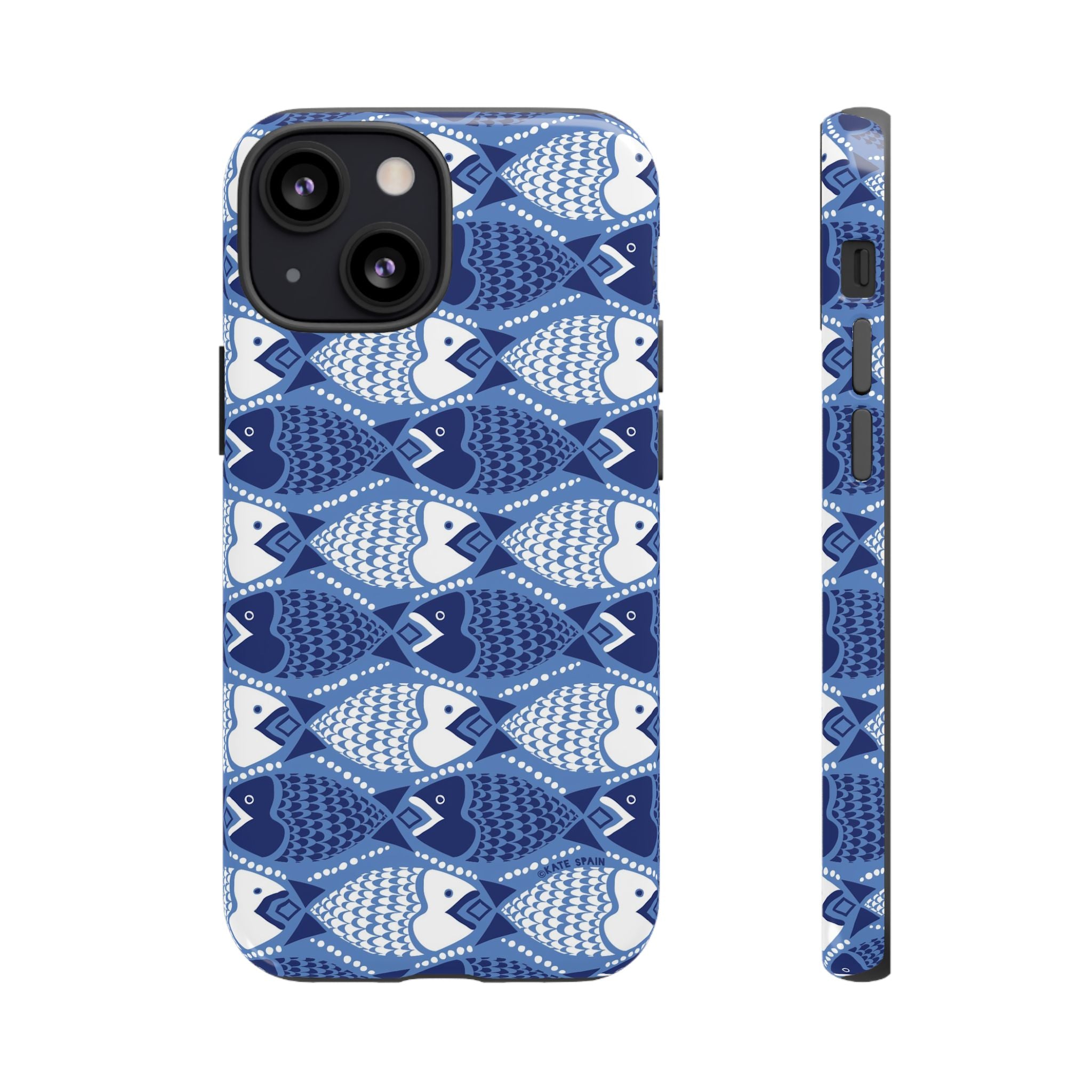 Catch of the Day Tough iPhone 13 Mini Case – Glossy | navy, blue, white geometric fish print