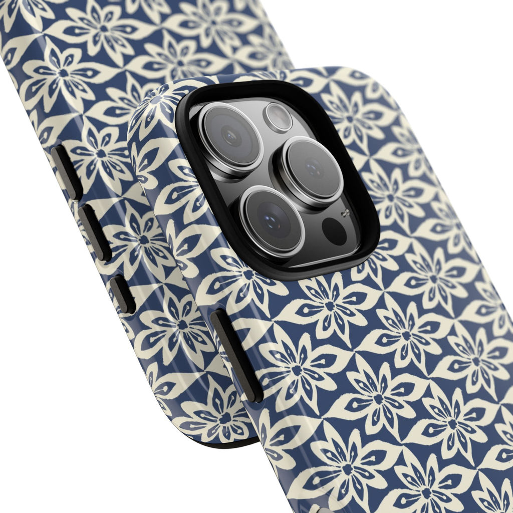Lily Navy iPhone 16 Pro Max Case – Glossy | angled view showing camera cutout and buttons — botanical phone case by Kate Spain