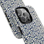 Lily Navy iPhone 16 Pro Max Case – Glossy | angled view showing camera cutout and buttons — botanical phone case by Kate Spain