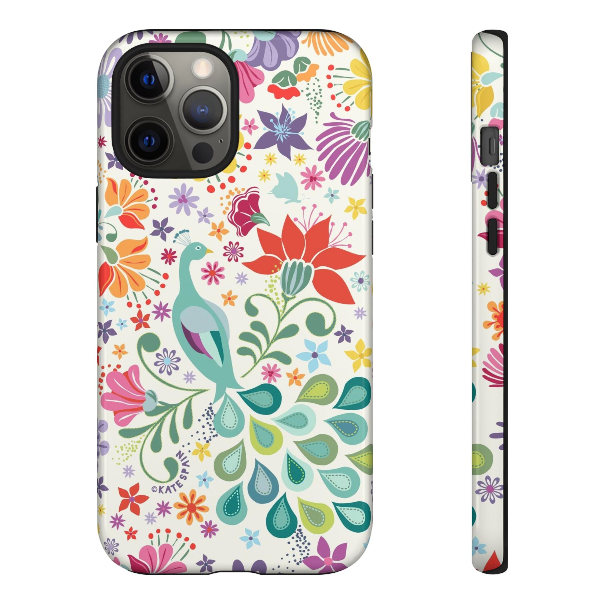 Peacock Sanctuary Tough iPhone 12 Pro Max Case – Glossy | white, teal, coral multicolor vibrant peacock feather botanical print
