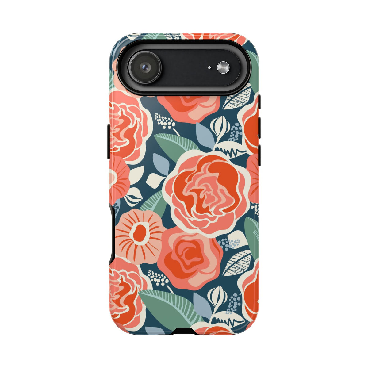 Tea Rose Navy Tough iPhone 17 Air Case – Glossy | navy, coral, peach botanical rose floral print