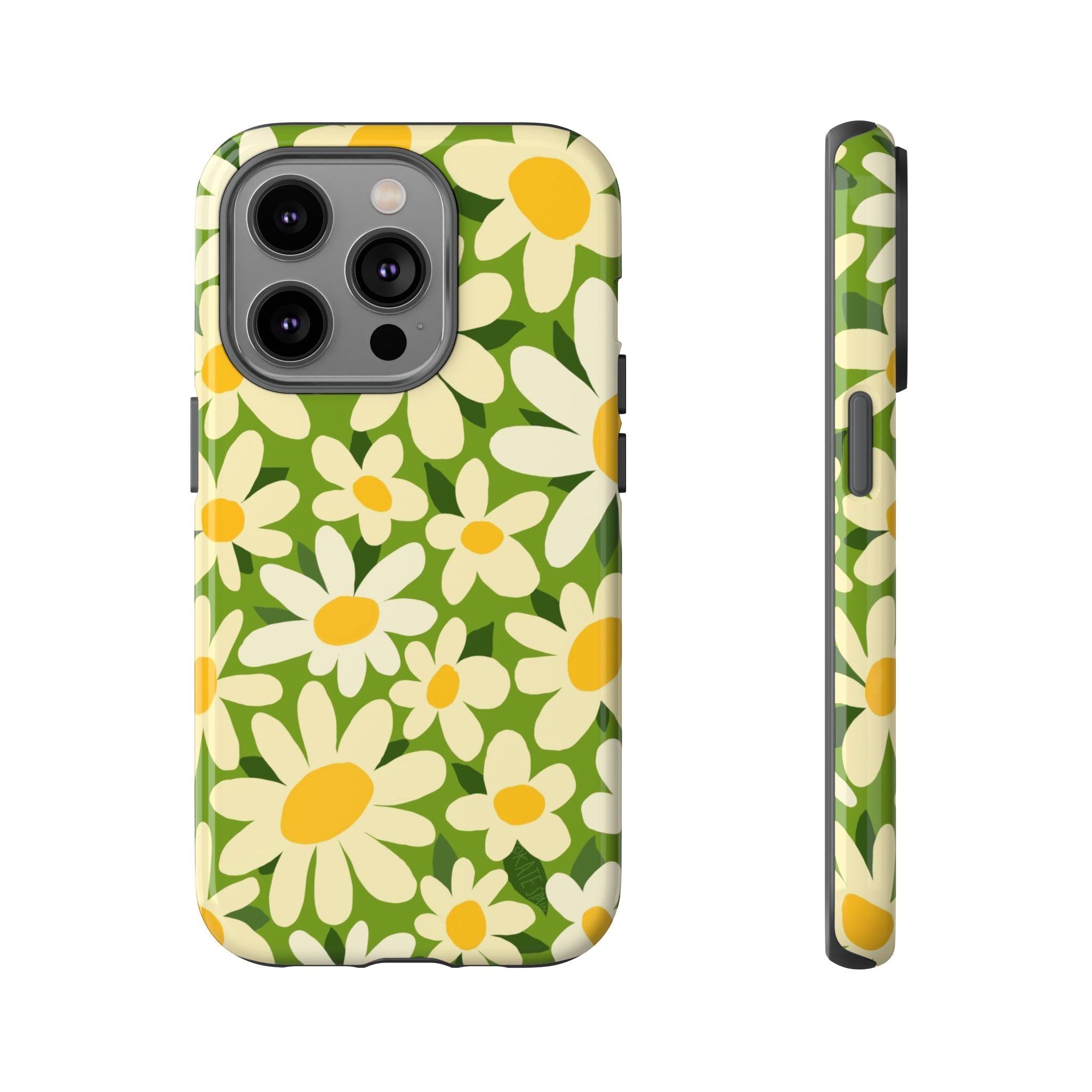 Shasta Daisy Tough iPhone 14 Pro Case – Glossy | green, white, yellow daisy floral print