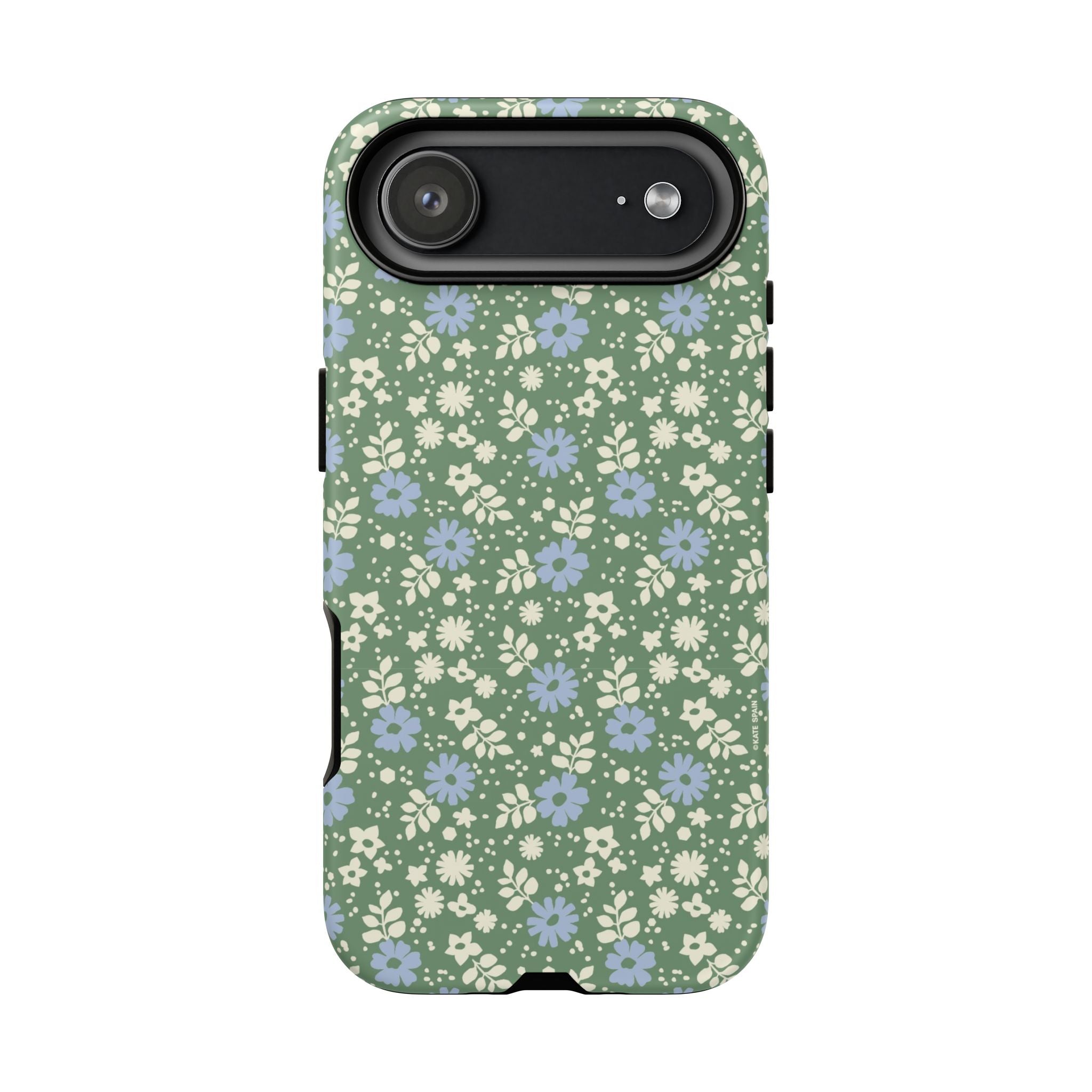 Petaline Tough iPhone 17 Air Case – Glossy | green, blue, cream ditsy floral print