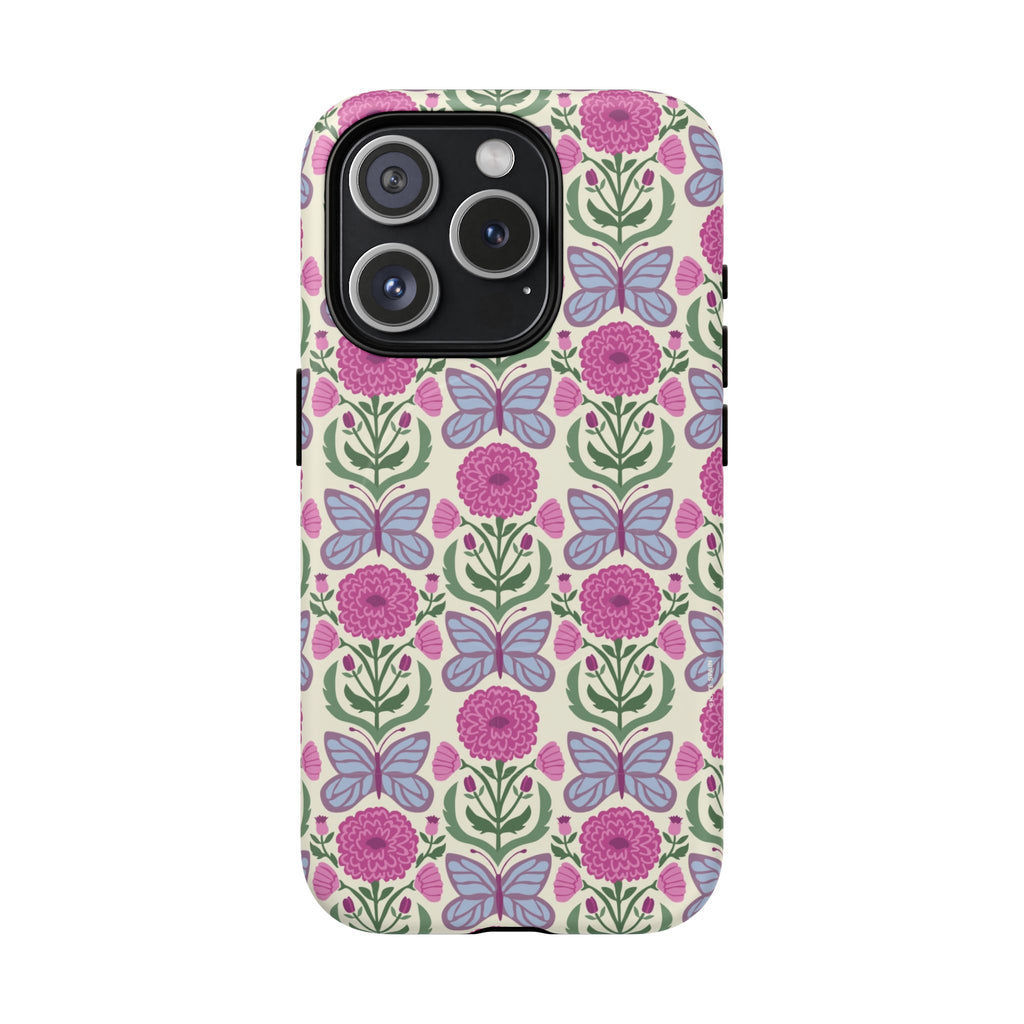 Butterfly MagSafe iPhone 15 Pro Case – Matte | cream, magenta, periwinkle butterfly floral print
