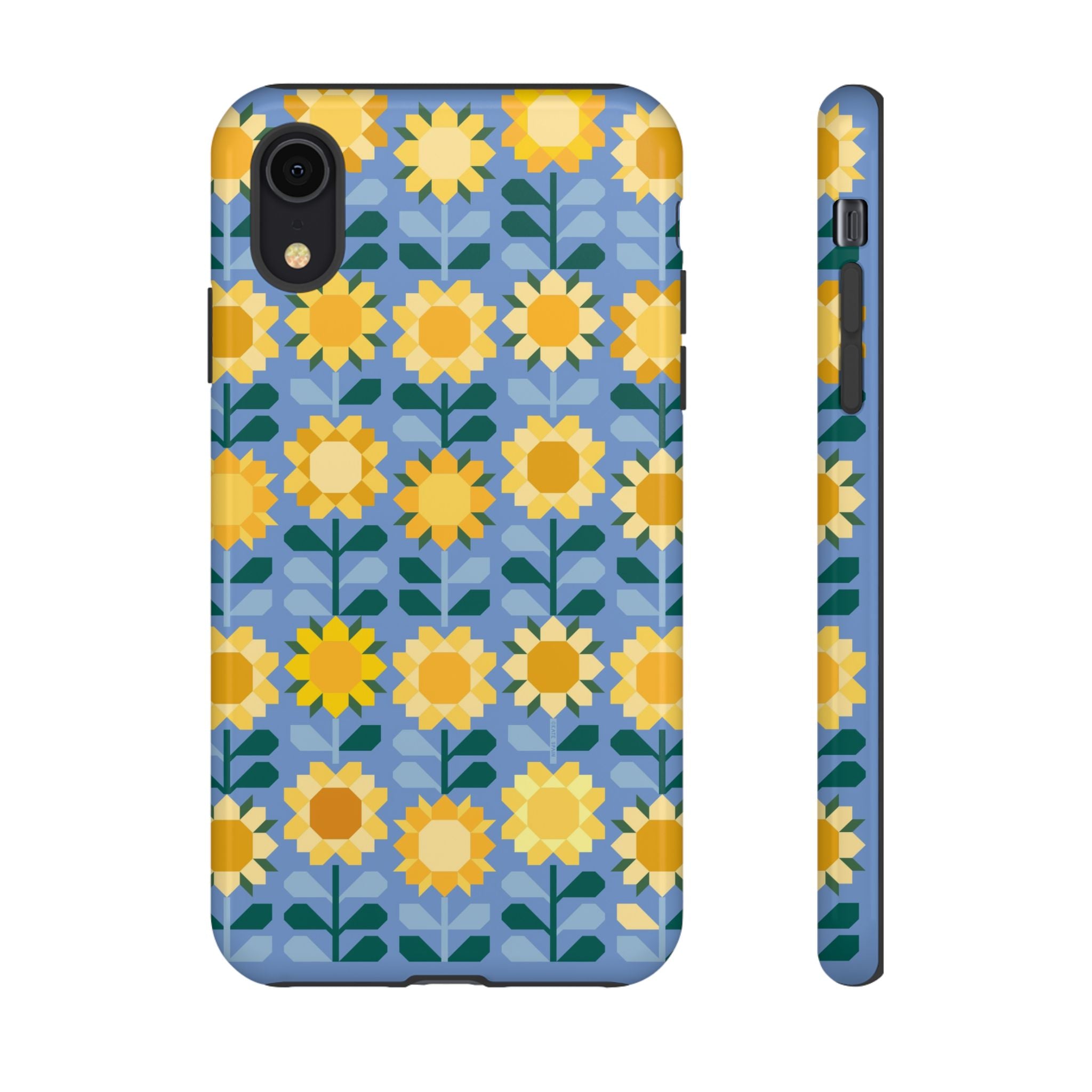 Sunflowers Tough iPhone XR Case – Glossy | blue, yellow, gold geometric sunflower print