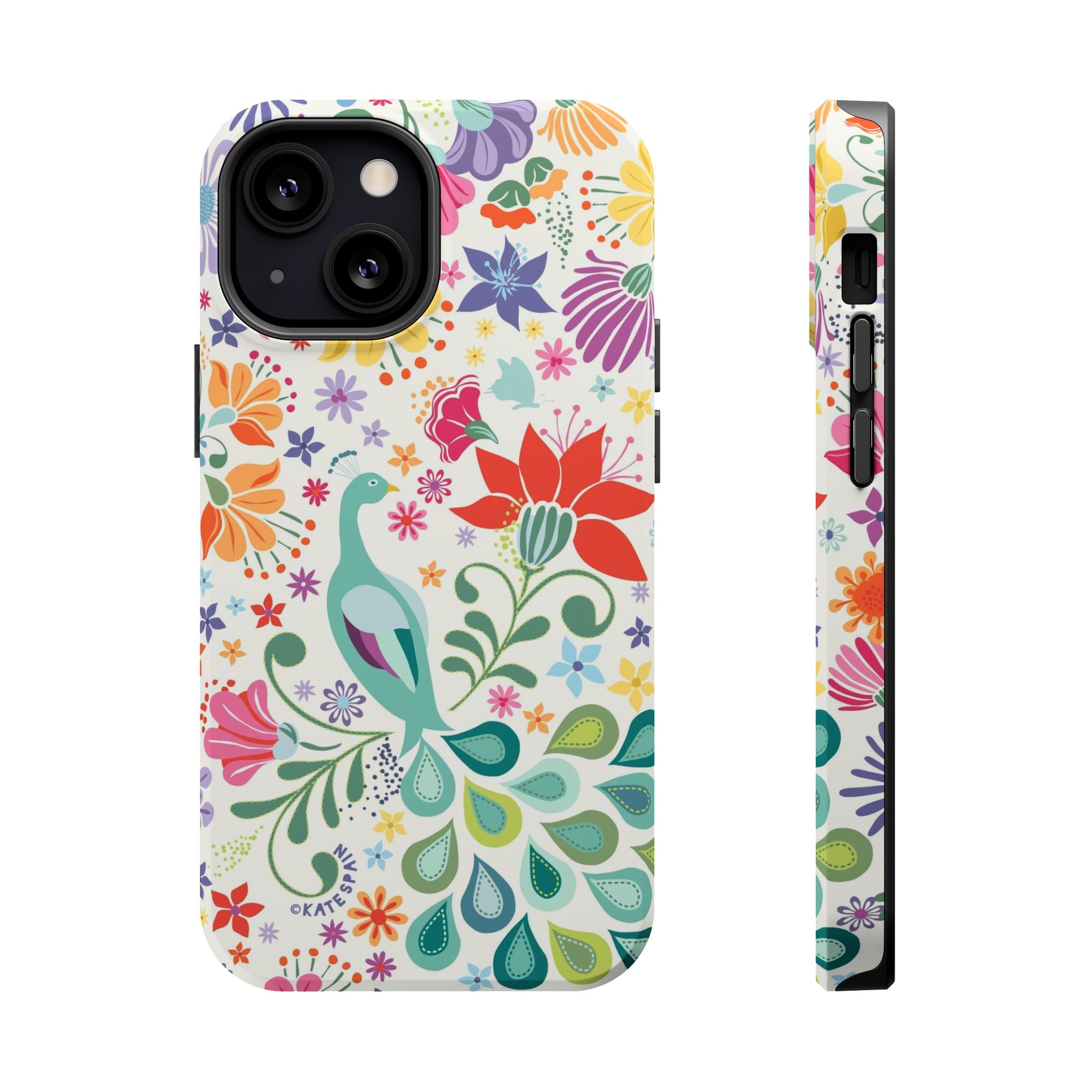 Peacock Sanctuary MagSafe iPhone 13 Mini Case – Matte | ivory, teal, navy peacock botanical print MagSafe compatible, dual-layer protection