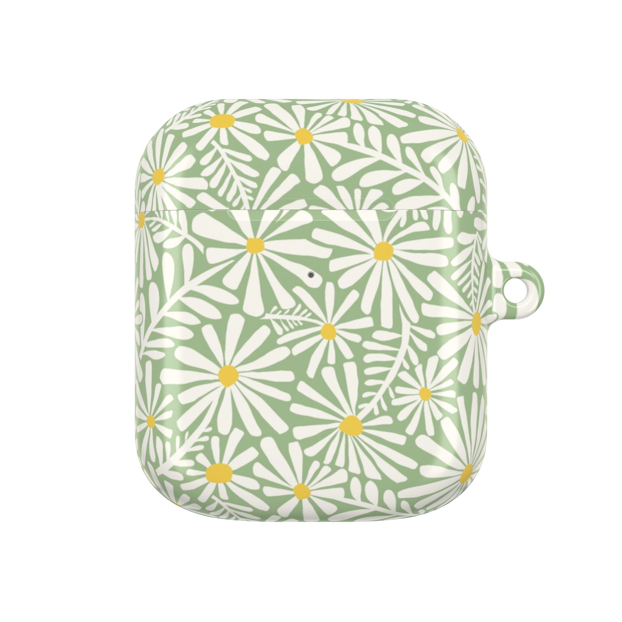 Montauk Daisy Meadow Green AirPods Gen 2 Case – Glossy | sage green, white graphic daisy and fern print, golden yellow centers | polycarbonate shell with carabiner