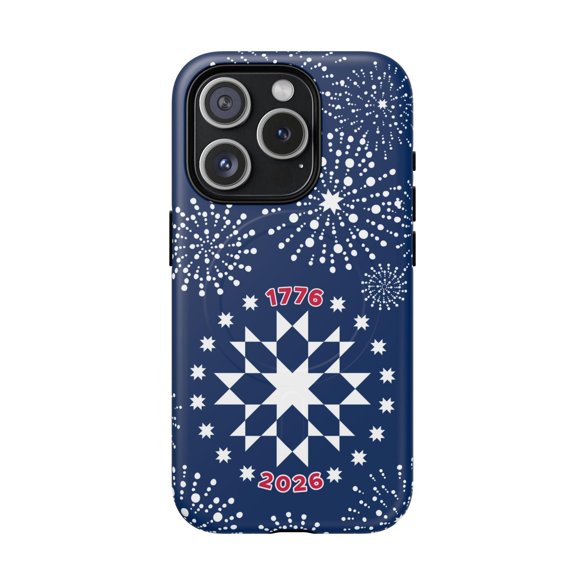 250th Fireworks MagSafe iPhone 15 Pro Case – Matte | navy, white patriotic star quilt fireworks print