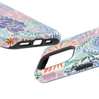Tropica MagSafe iPhone 16 Pro Max Case – Glossy angled view closeup of camera cutout and buttons | purple, coral, pink, blue botanical tropical floral print MagSafe compatible, dual-layer protection