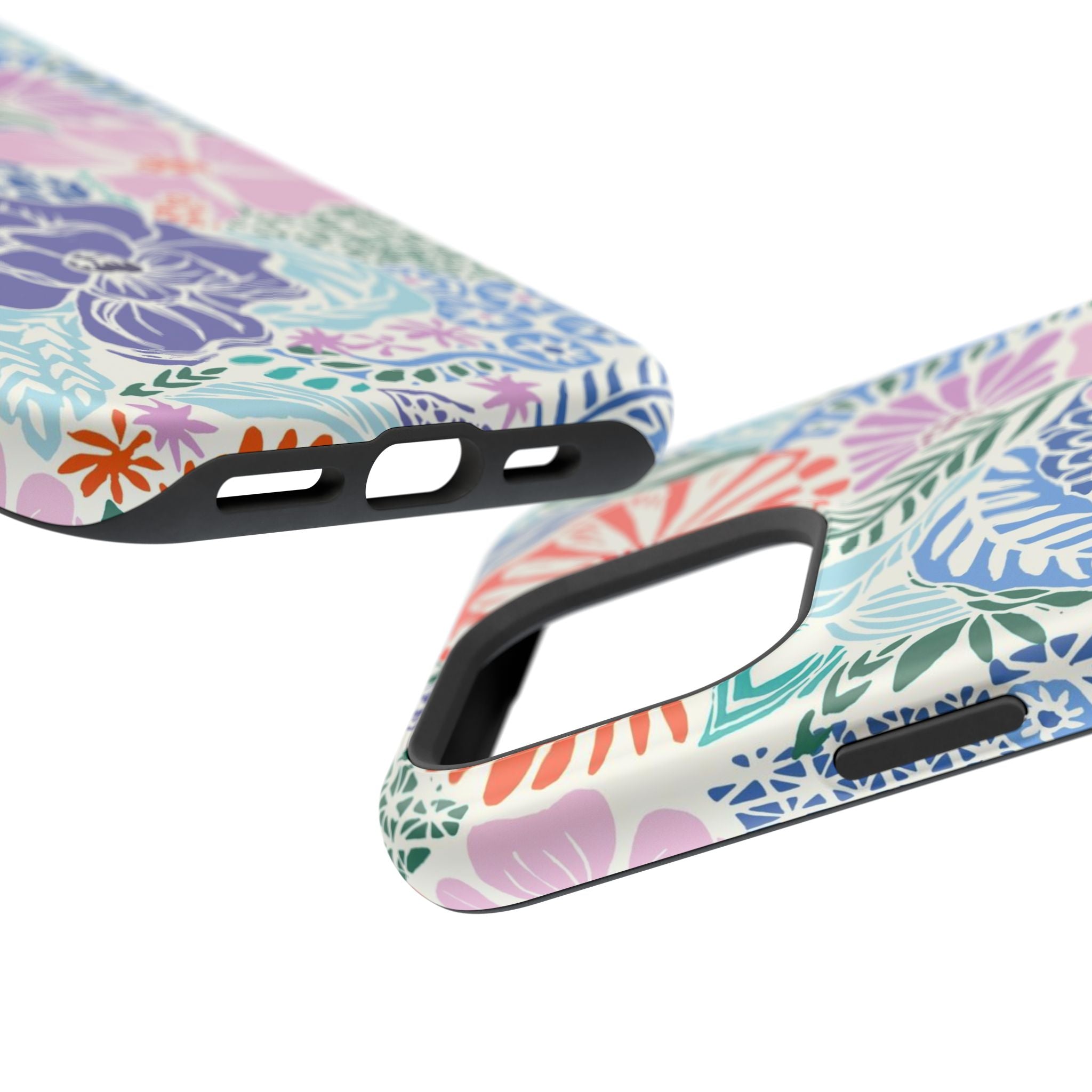 Tropica MagSafe iPhone 16 Pro Max Case – Glossy angled view closeup of camera cutout and buttons | purple, coral, pink, blue botanical tropical floral print MagSafe compatible, dual-layer protection
