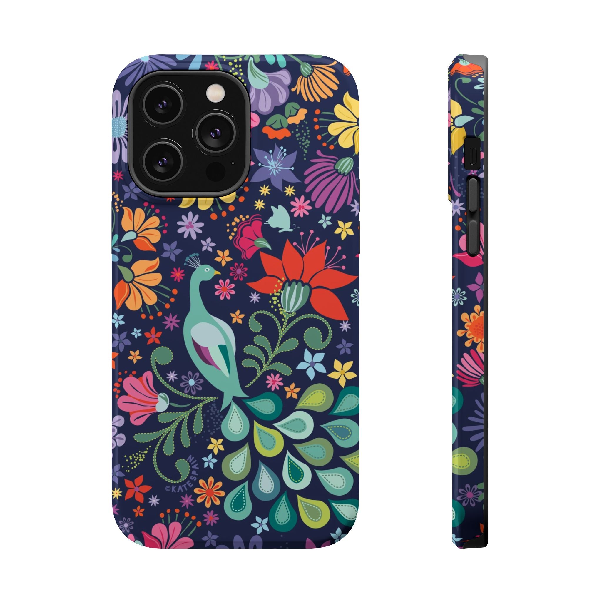 Peacock Sanctuary MagSafe iPhone 14 Pro Max Case – Glossy | navy, teal, ivory peacock botanical print MagSafe compatible, dual-layer protection