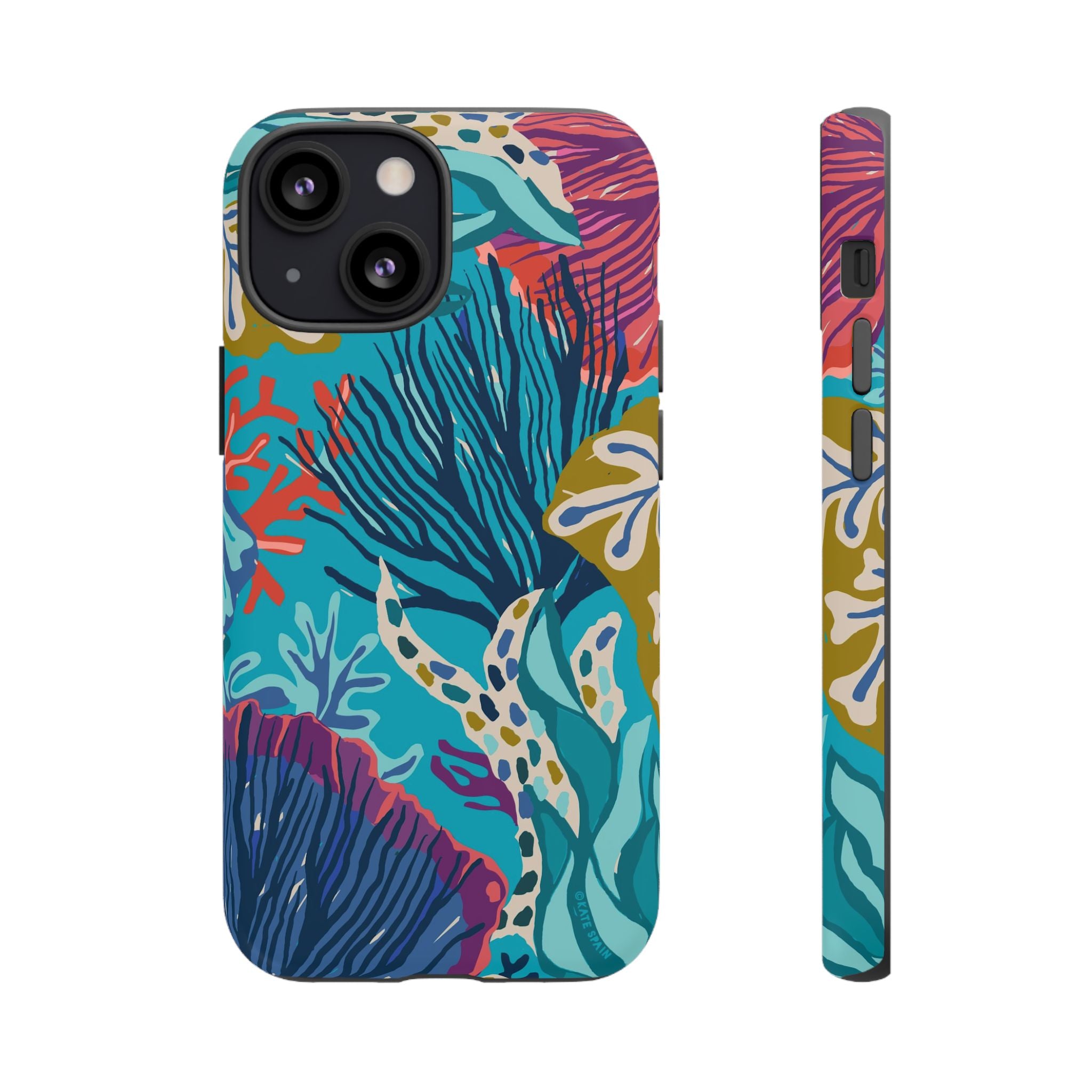 Reef Tough iPhone 13 Mini Case – Matte | teal, coral, navy, purple botanical coral reef print