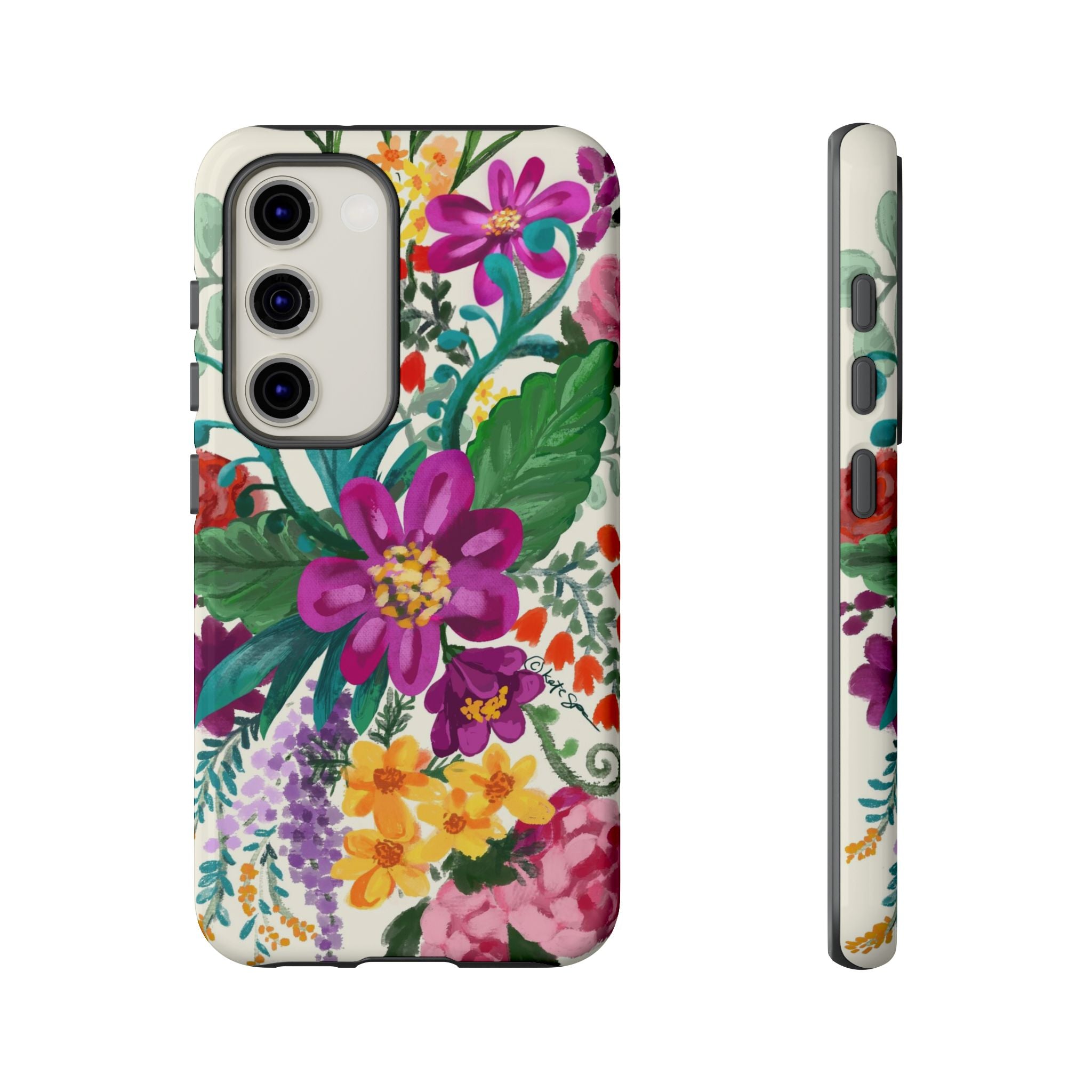 Tropical Posy Samsung Galaxy S23 Case – Glossy | white, magenta, yellow, purple vibrant botanical floral print