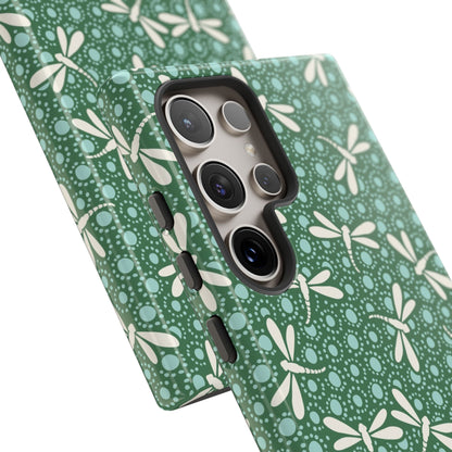 Dragonfly Pattern Phone Case — Green Floral Protective Tough Case