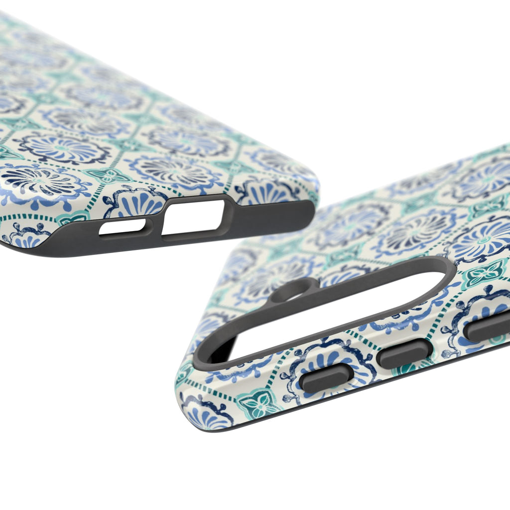 Horizon Blue Tile Samsung Galaxy S26 Case – two cases showing ports, camera cutout, and buttons | blue, turquoise, cream white dual-layer protection