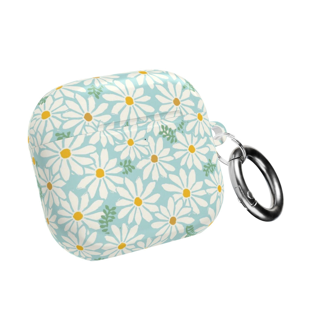 floriori Daisies AirPods Gen 4 case featuring summer white daisies with yellow centers on an aqua background with green leaves printed on glossy polycarbonate shell. Shows caribener clip.