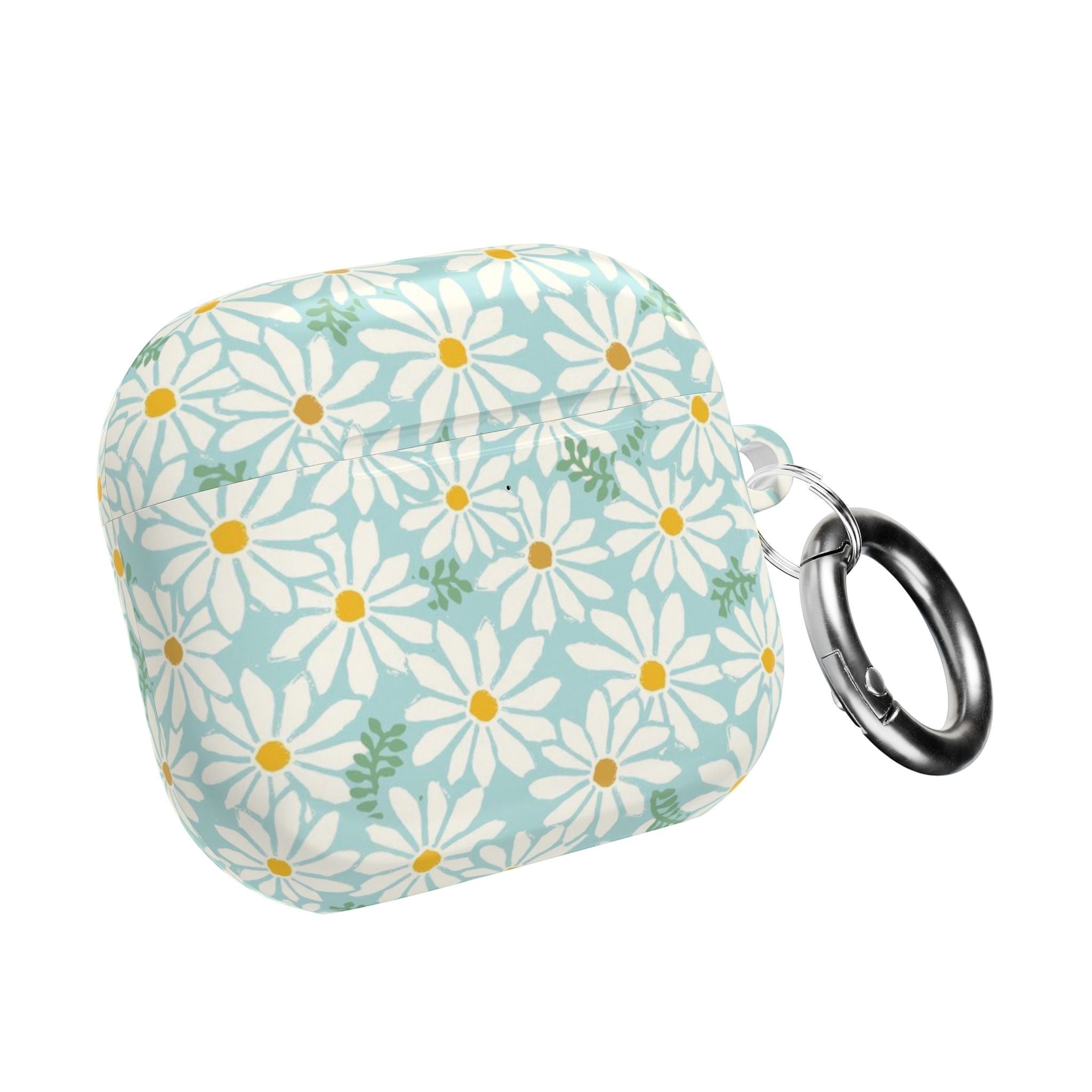 floriori Daisies AirPods Gen 4 case featuring summer white daisies with yellow centers on an aqua background with green leaves printed on glossy polycarbonate shell. Shows caribener clip.