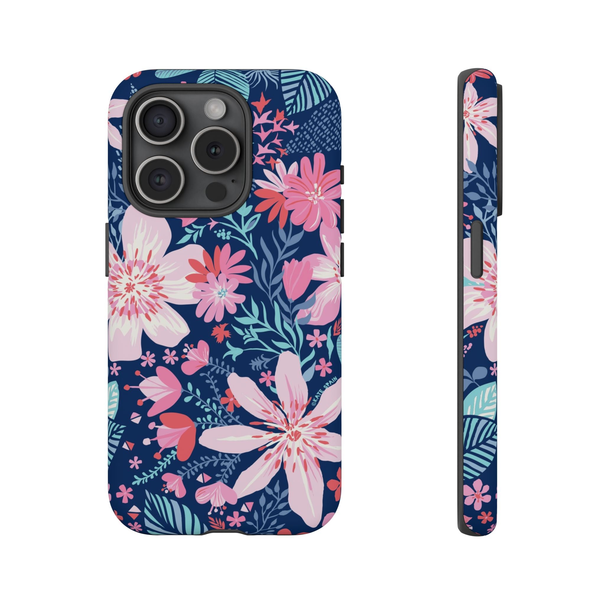 Bonaire Tough iPhone 15 Pro Case – Matte | navy, pink, white tropical floral botanical print