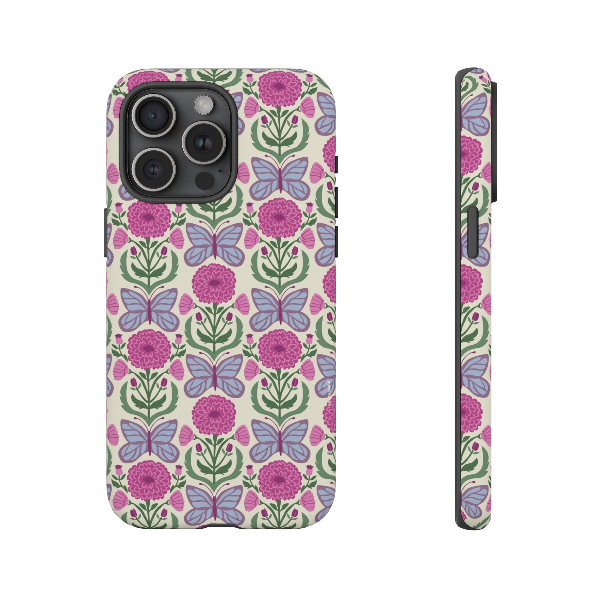 Butterfly Tough iPhone 15 Pro Max Case – Matte | cream, magenta, periwinkle butterfly floral print