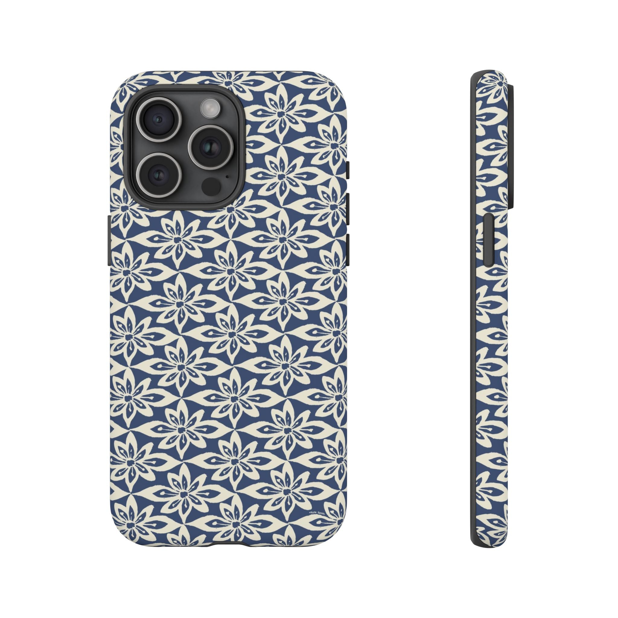 Lily Navy Blue iPhone 15 Pro Max Matte case — geometric cream lily print on navy blue by Kate Spain