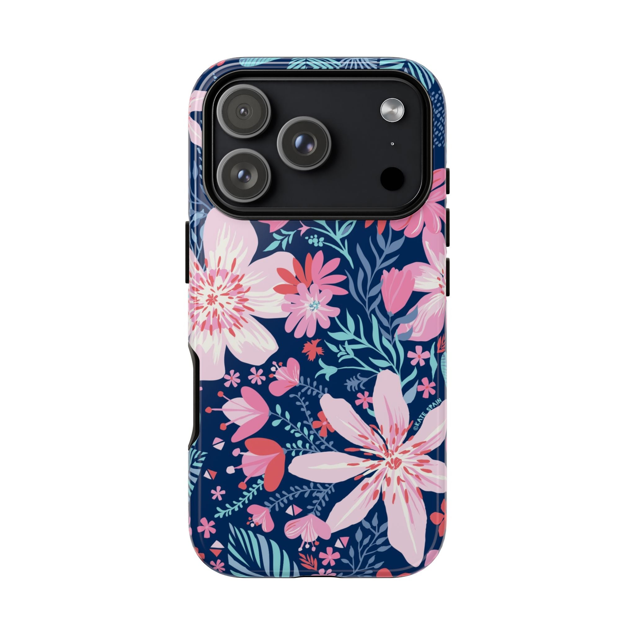 Bonaire Tough iPhone 17 Pro Case – Glossy | navy, pink, white tropical floral botanical print