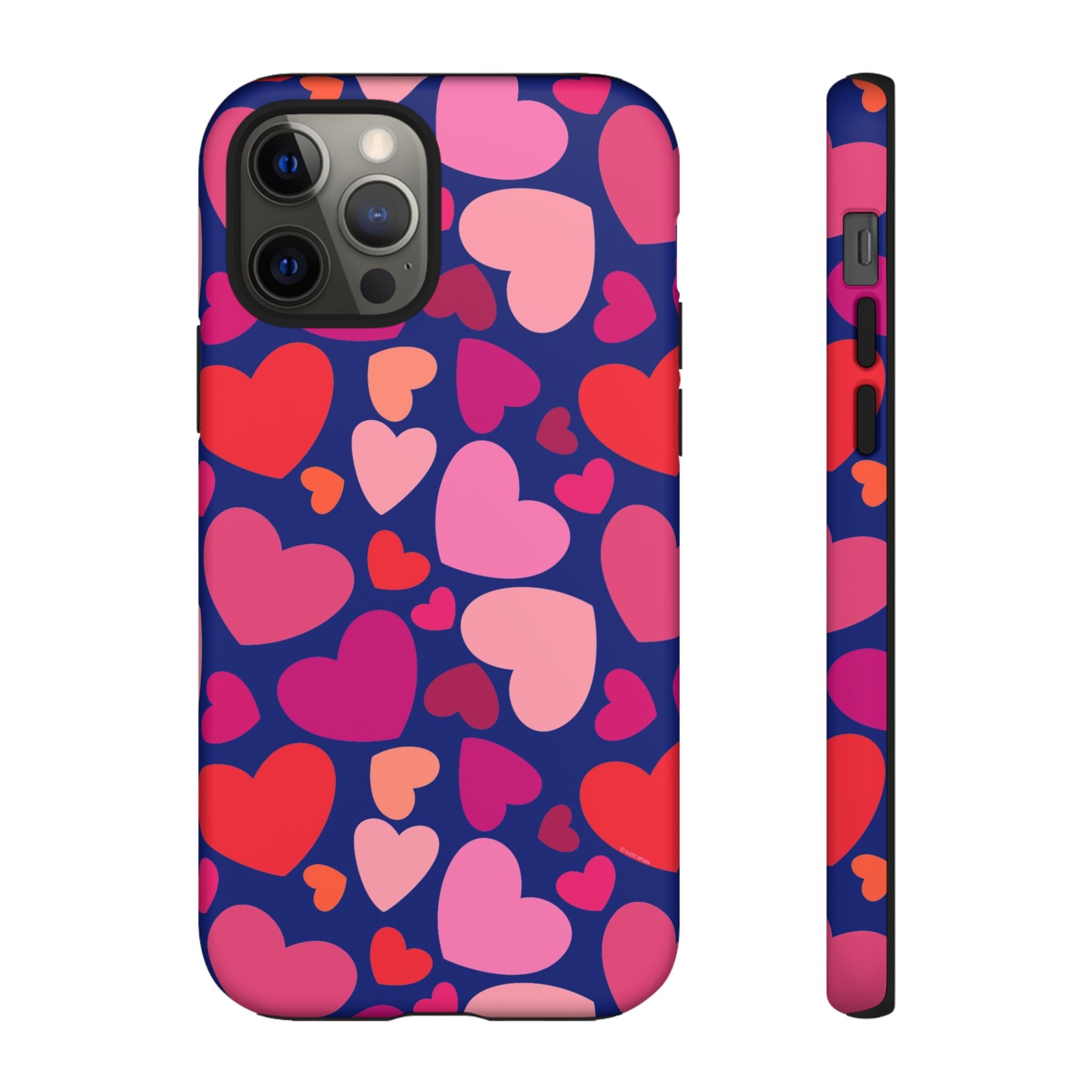 Hearts Tough iPhone 12 Pro Case – Matte | navy, pink, red, coral scattered heart print