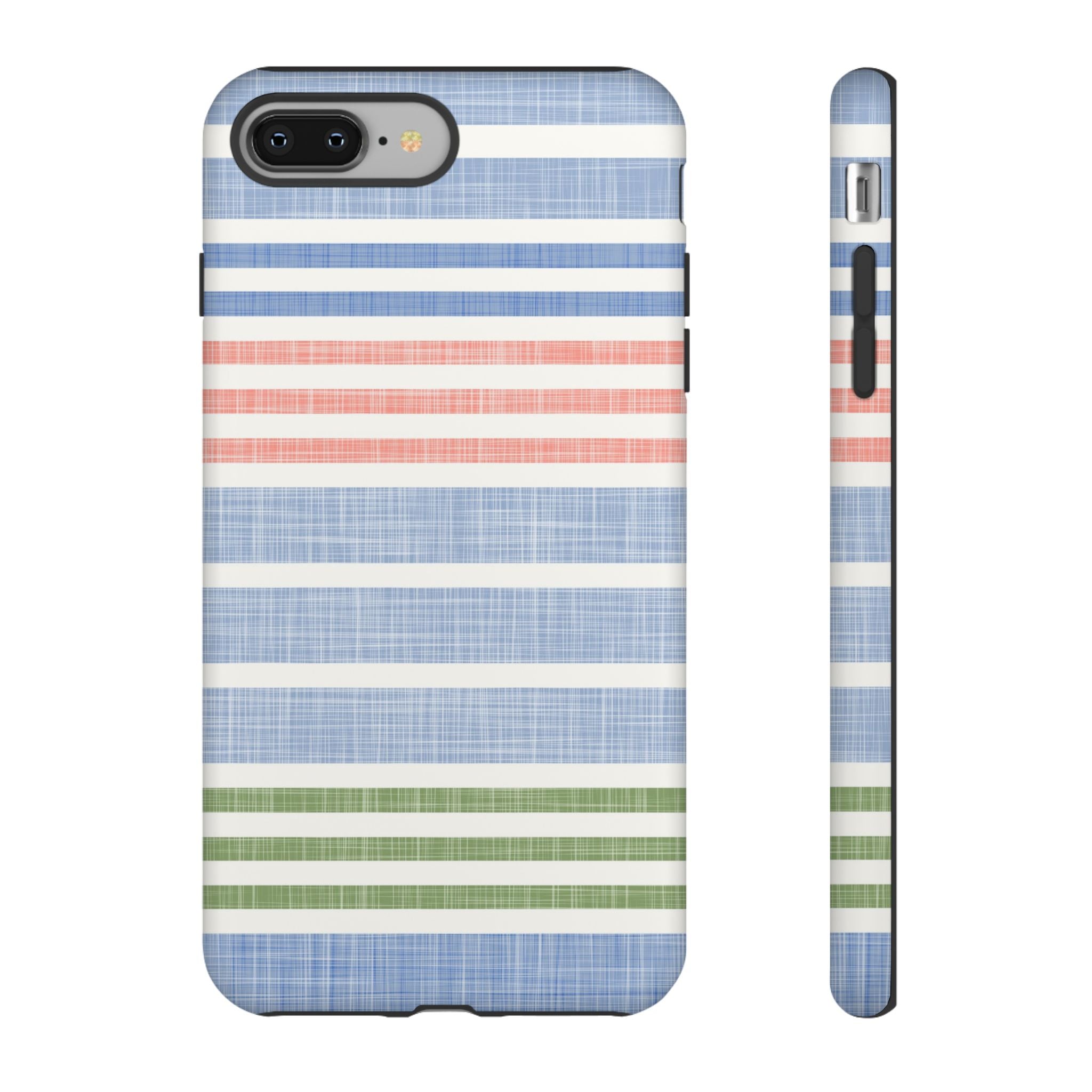 Cabana Stripe Pastel Tough iPhone 8 Plus Case – Matte | soft blue, coral, sage green chambray-textured stripe print dual-layer protection