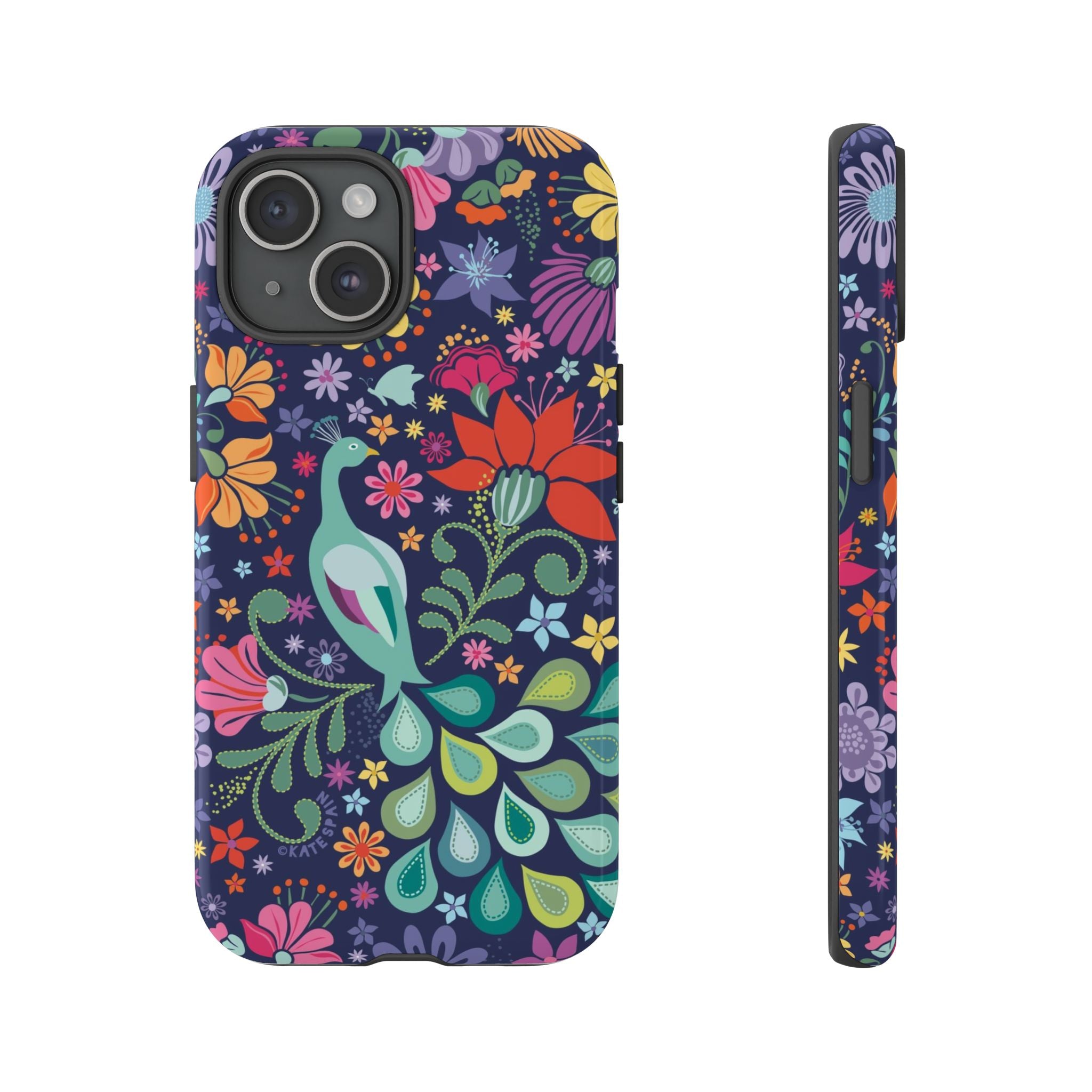 Peacock Sanctuary Tough iPhone 15 Case – Glossy | navy, teal, coral multicolor vibrant peacock feather botanical print