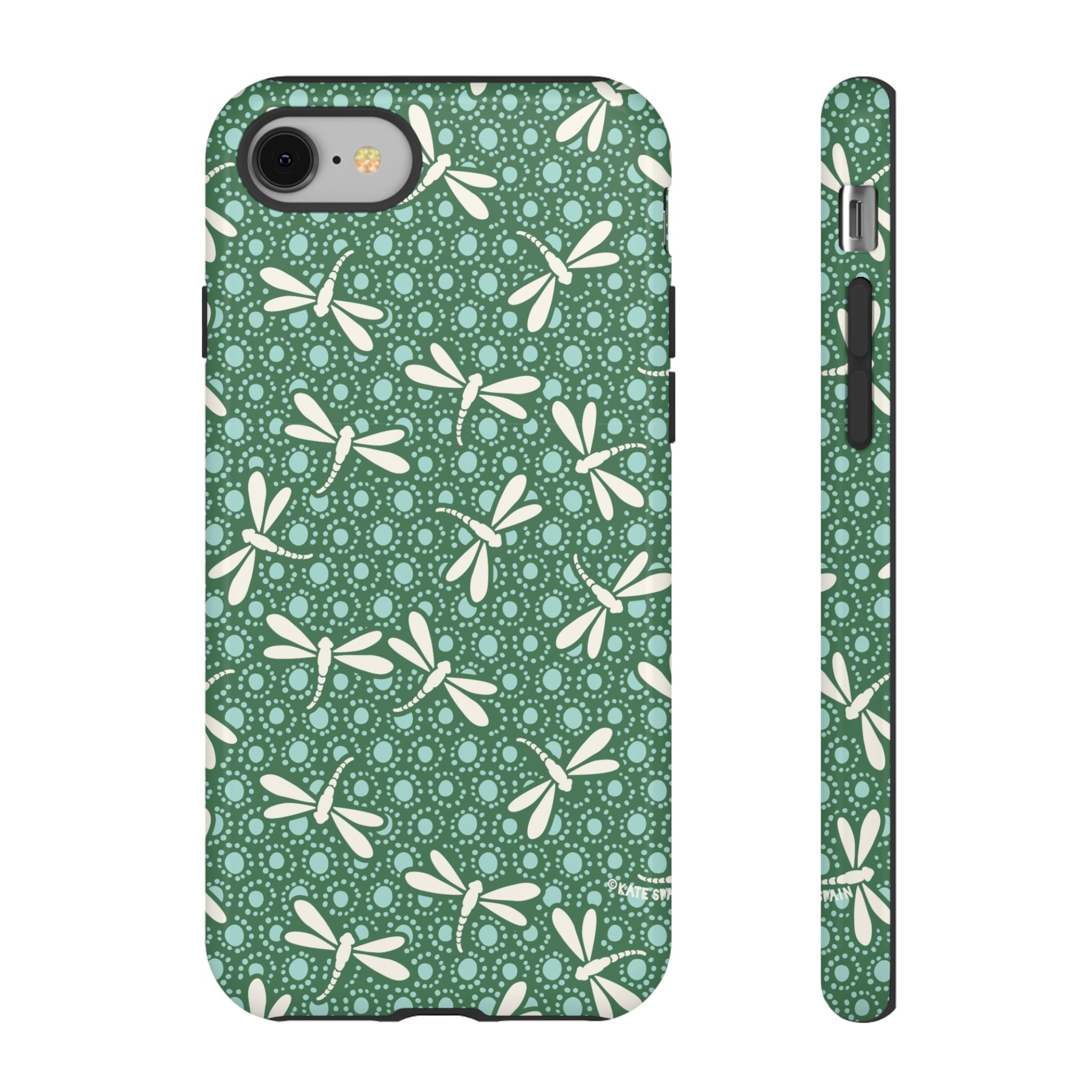 Designer Dragonfly Tough iPhone 8 Case – Glossy | jade green, aqua, cream dragonfly print