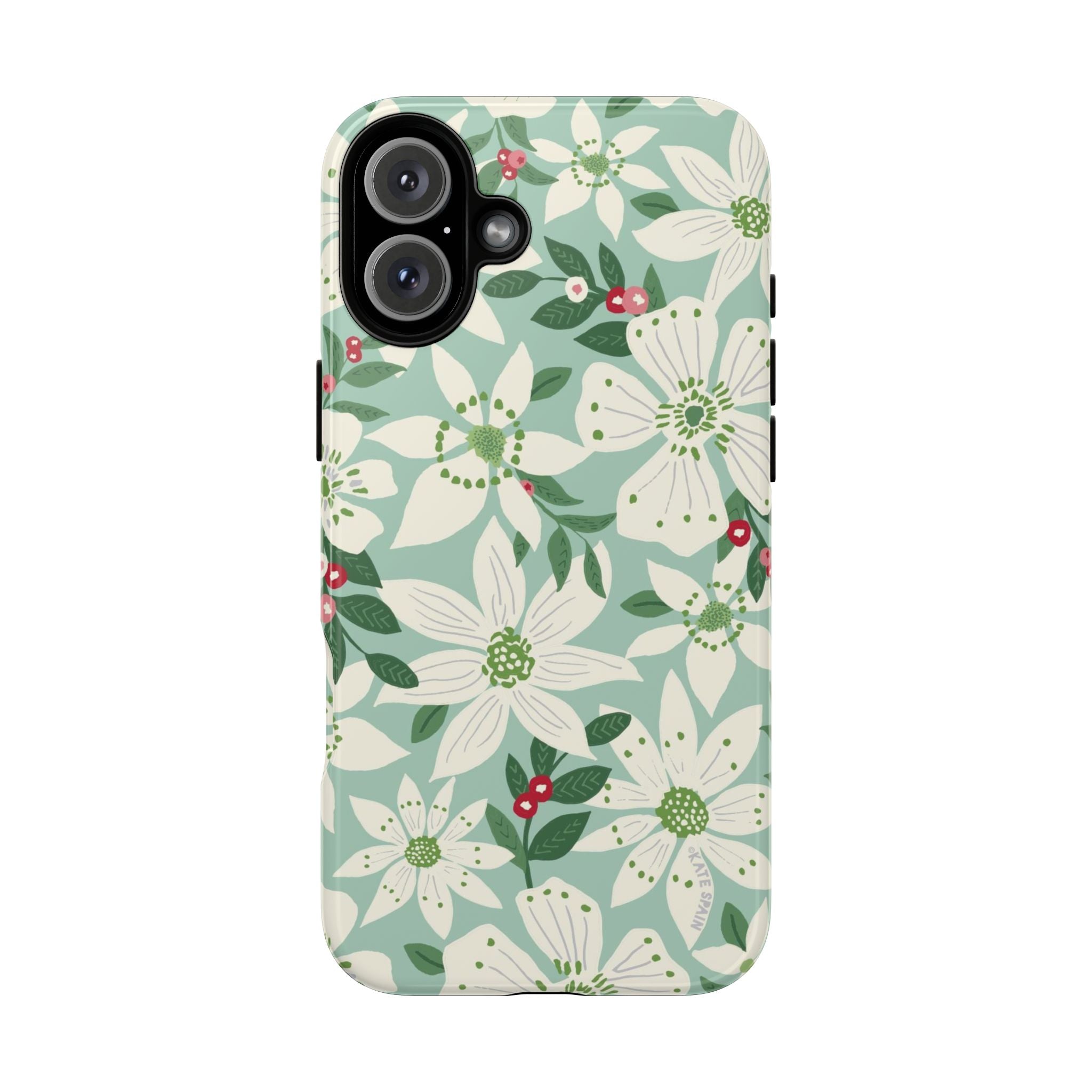 Gardenia Tough iPhone 16 Plus Case – Glossy | light blue, white, green, red gardenia botanical print