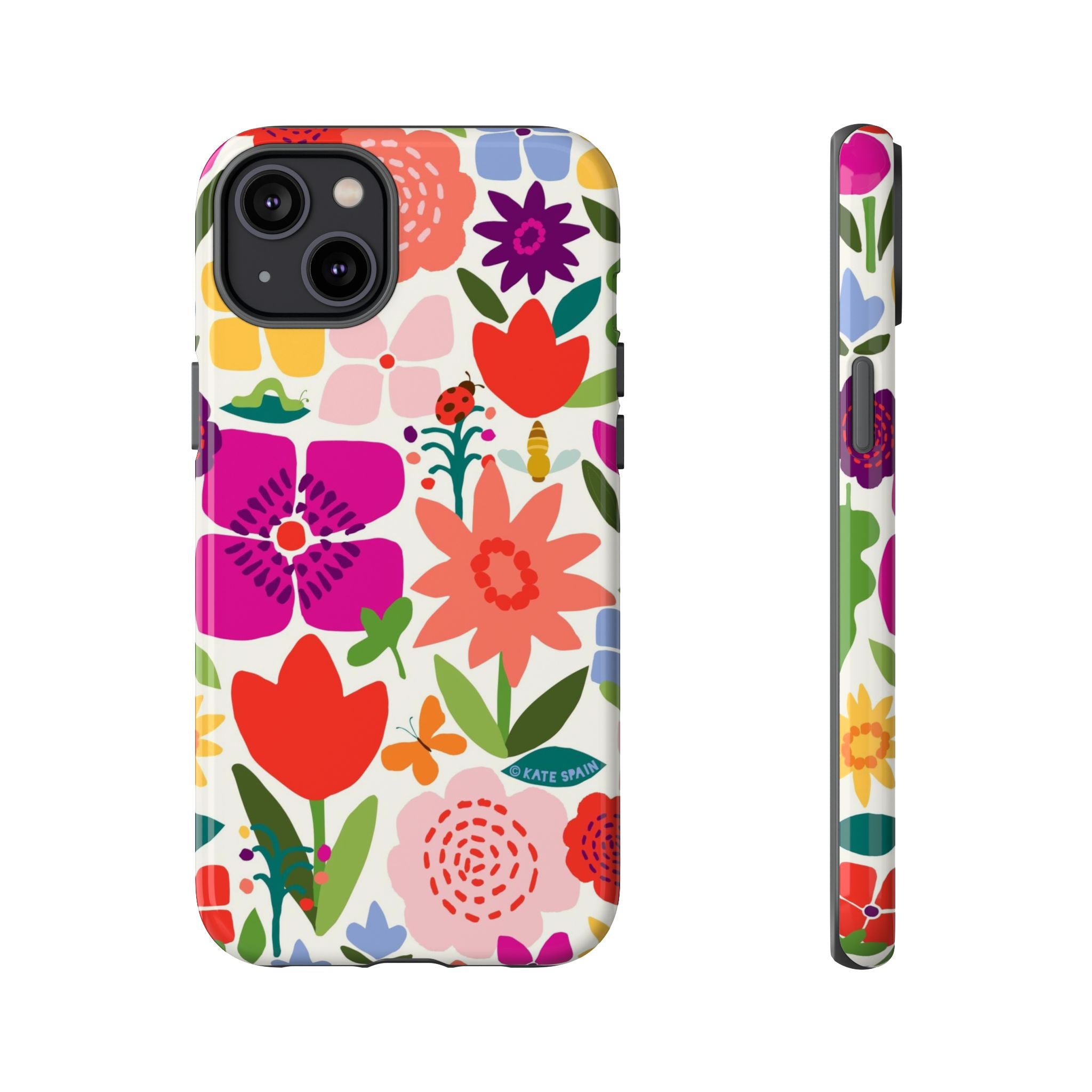 Happy Blooms Tough iPhone 14 Plus Case – Glossy | cream, red, magenta, coral botanical floral print