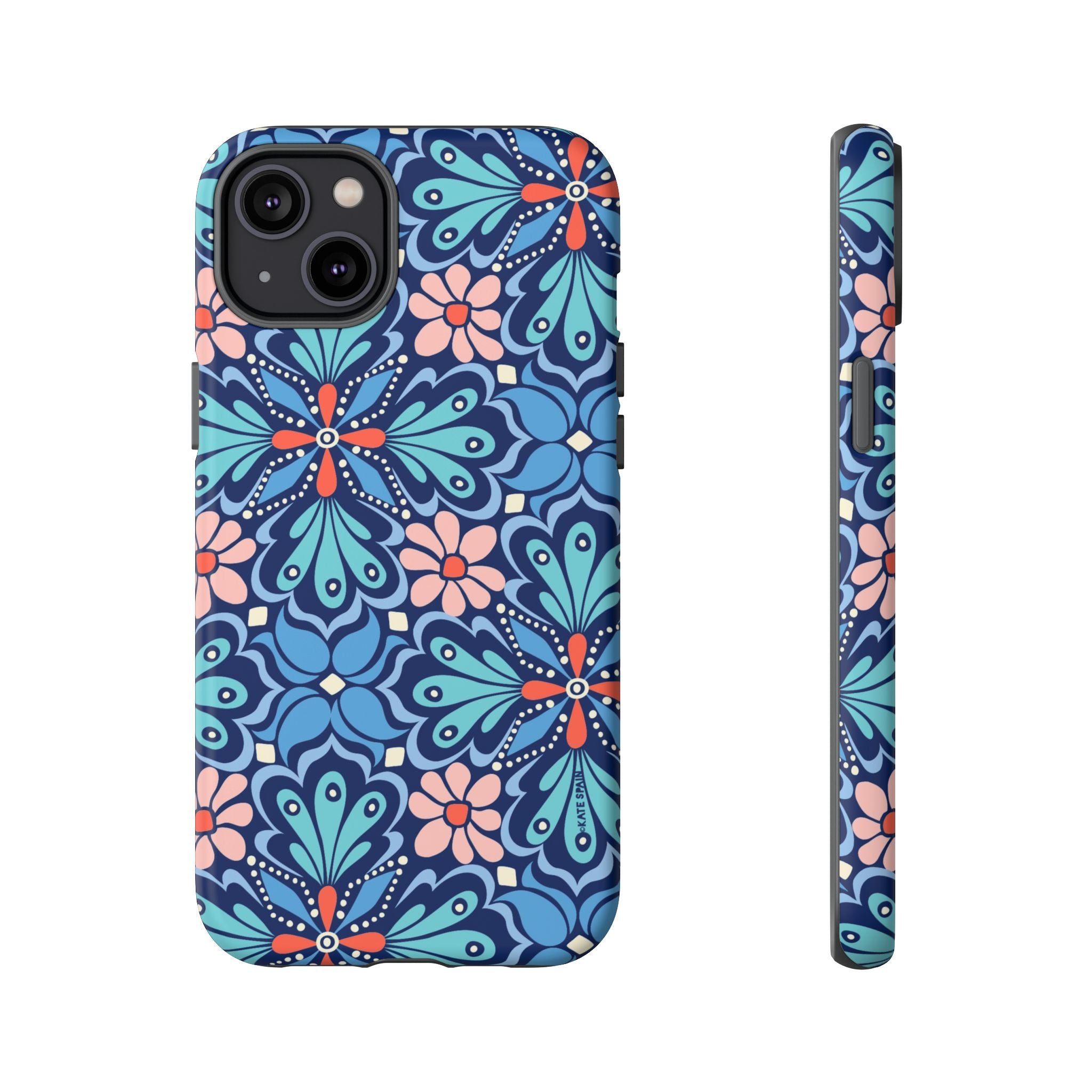 Bolero Tough iPhone 14 Plus Case – Matte | navy, cobalt, blush geometric medallion floral print