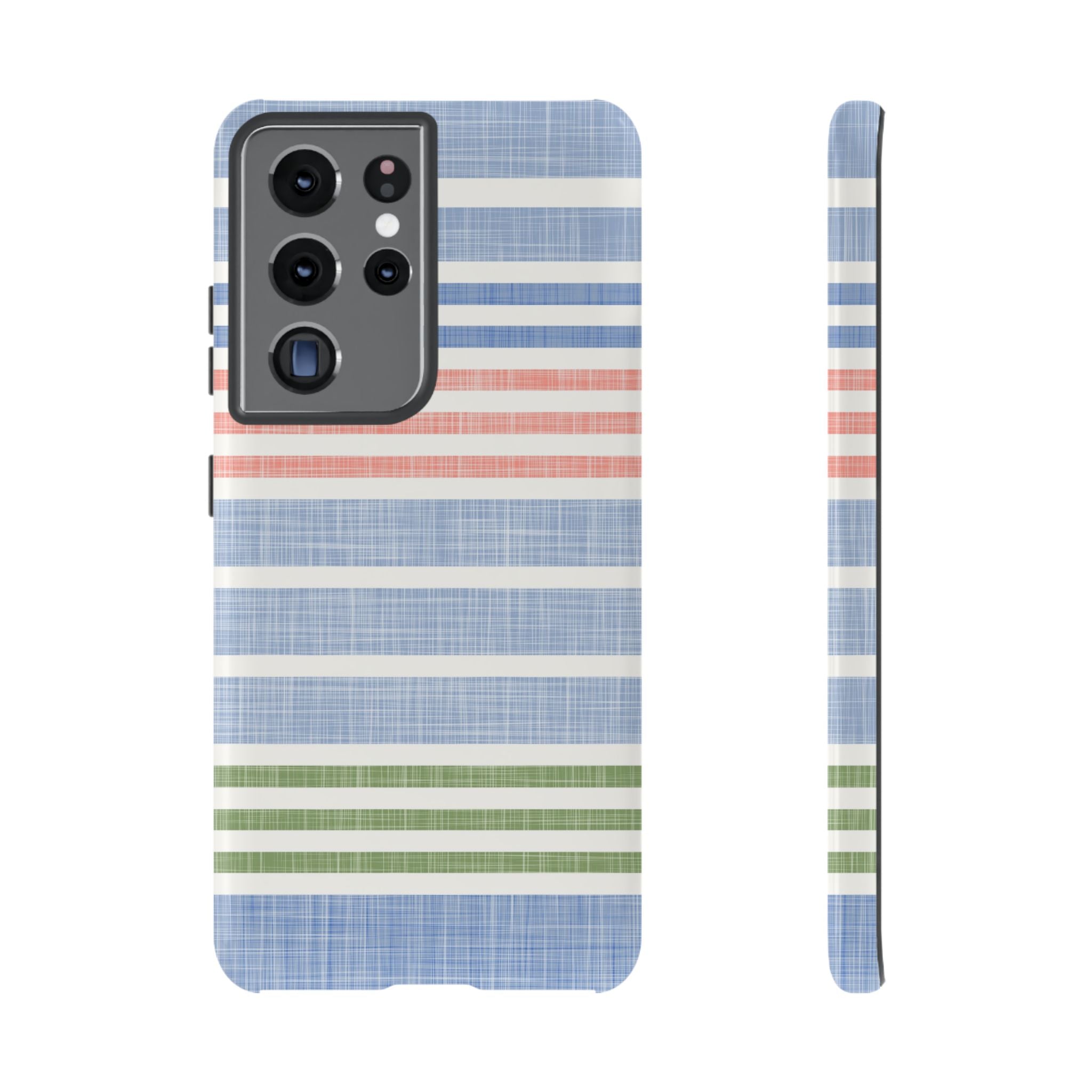 Cabana Stripe Pastel Samsung Galaxy S21 Ultra Case – Glossy | soft blue, coral, sage green chambray-textured stripe print dual-layer protection
