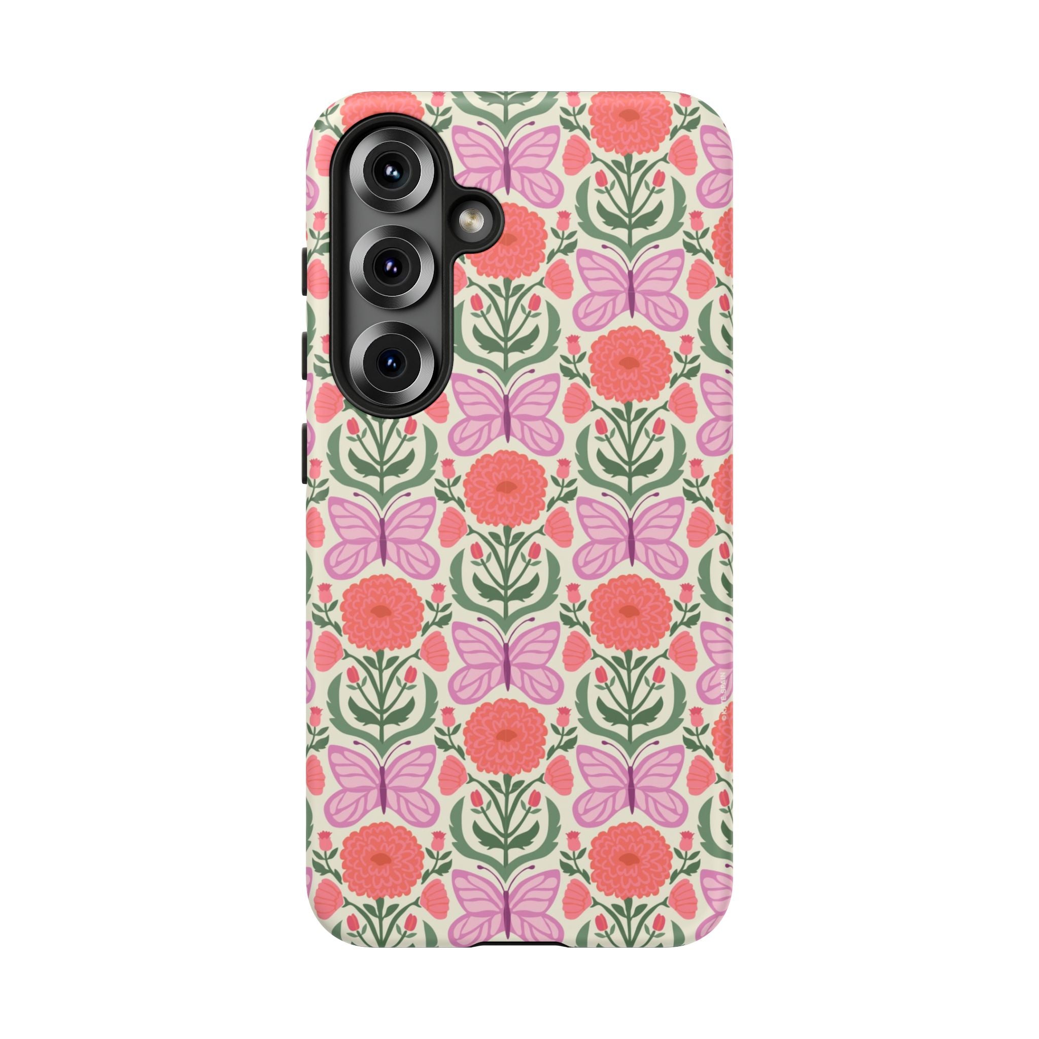 Luxury Pink Butterfly Samsung Galaxy S25 Case – Matte | cream, coral, lavender butterfly floral print
