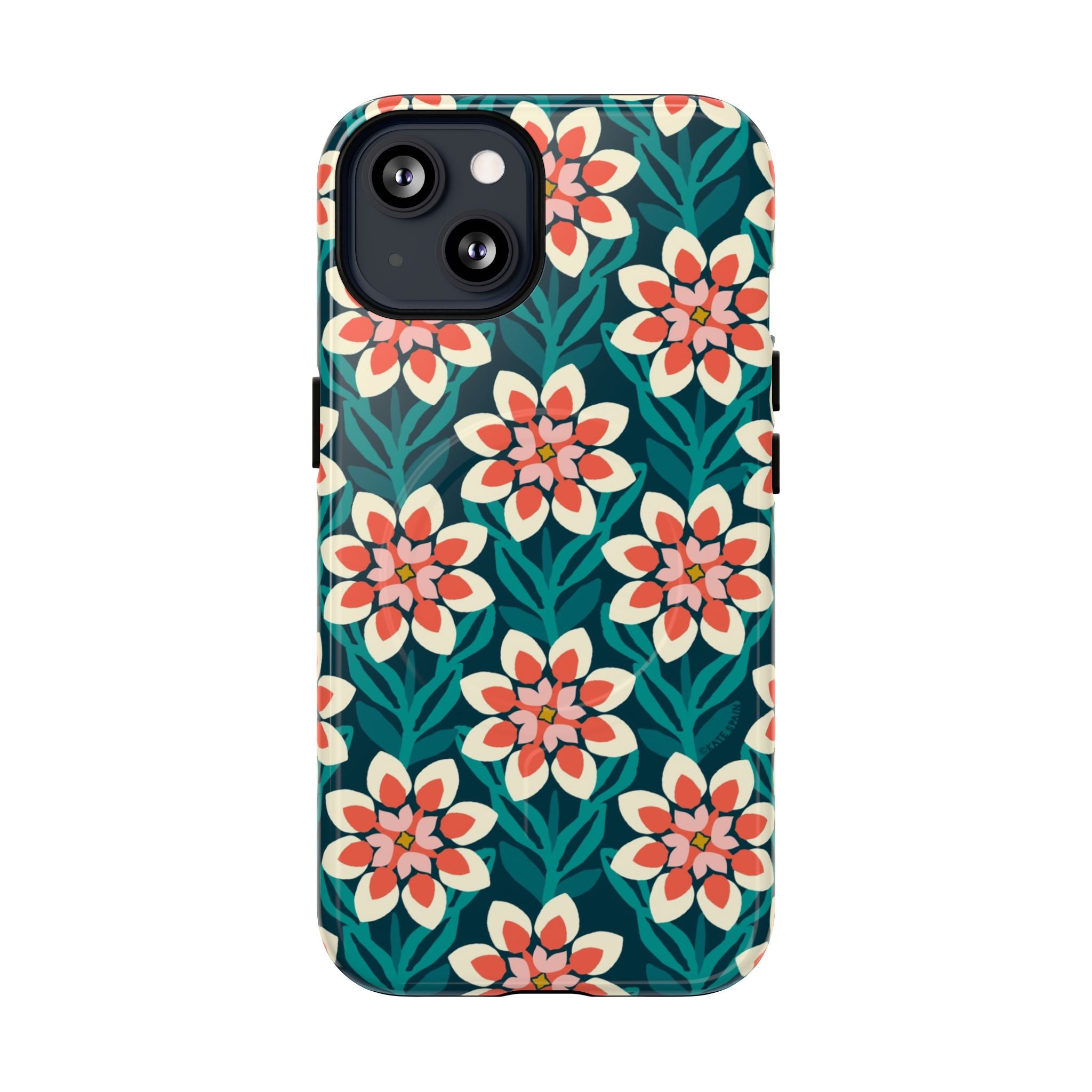 Modern Dahlia MagSafe iPhone 13 Case – Glossy | teal, coral, cream botanical dahlia floral print