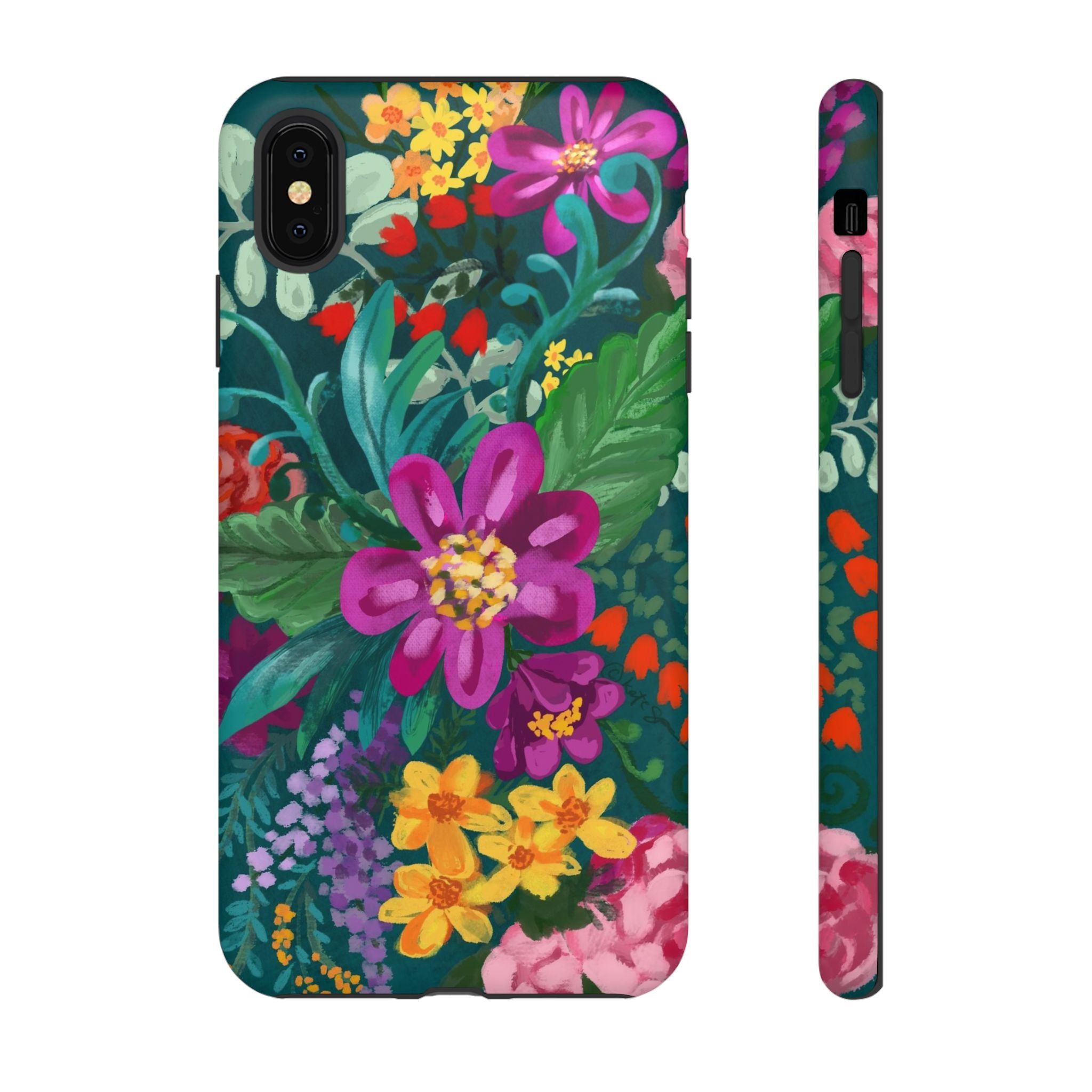 Posy Tough iPhone XS Max Case – Matte | teal, purple, magenta, yellow botanical wildflower print