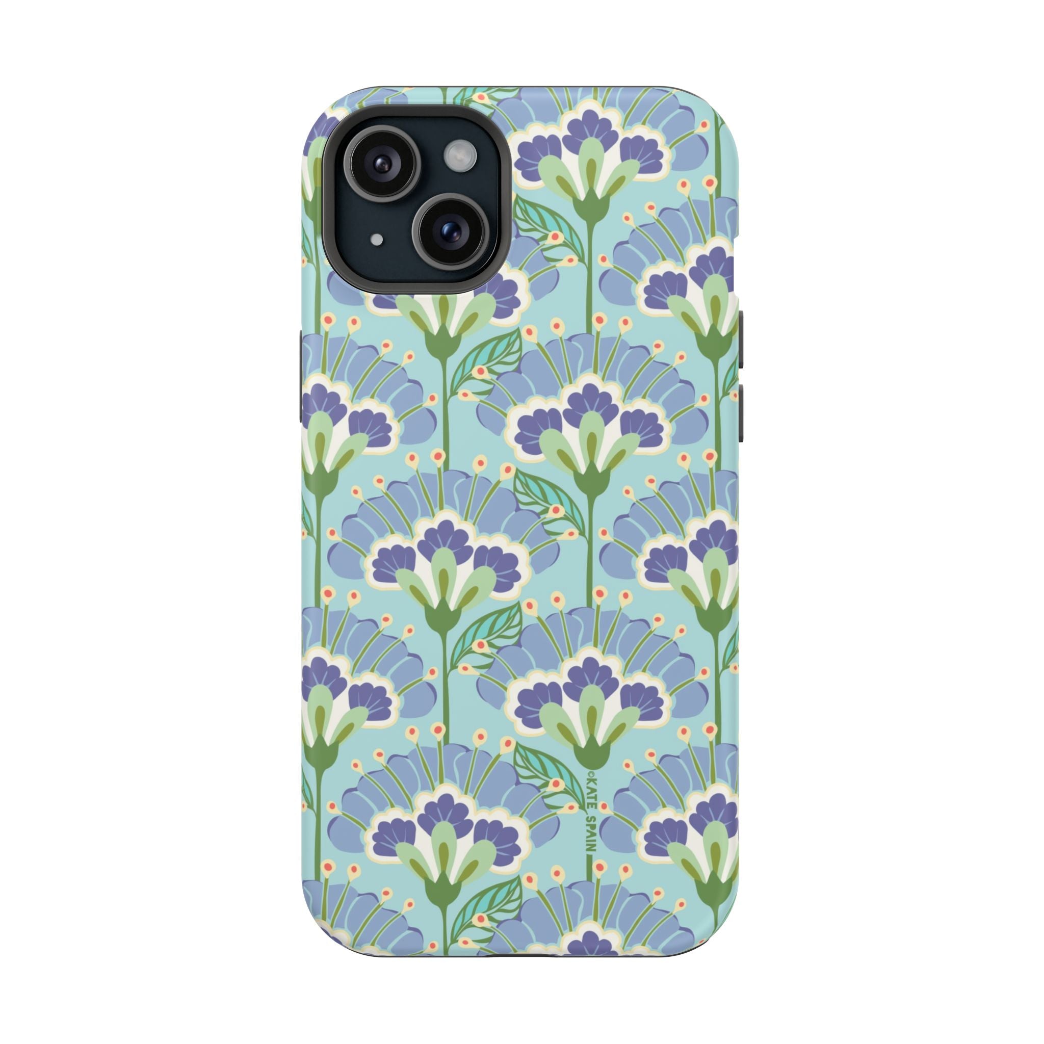 Lantern Flower MagSafe iPhone 15 Plus Case – Matte | aqua, periwinkle, green botanical lantern floral print MagSafe compatible, dual-layer protection