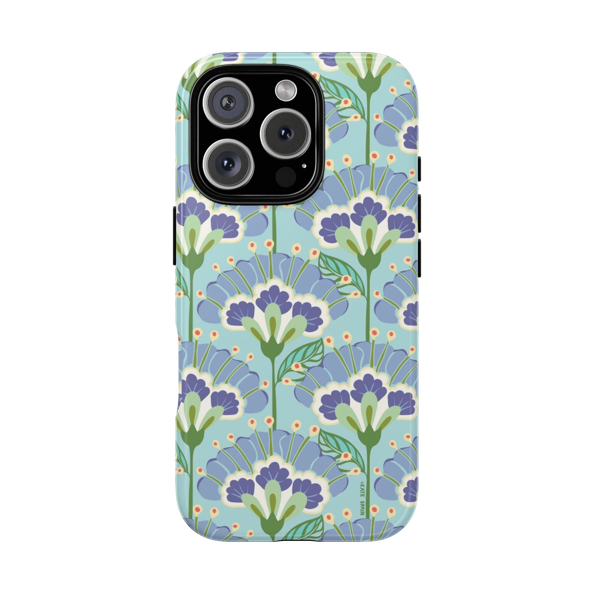 Lantern Flower Tough iPhone 16 Pro Max Case – Glossy | aqua, periwinkle, green botanical lantern floral print